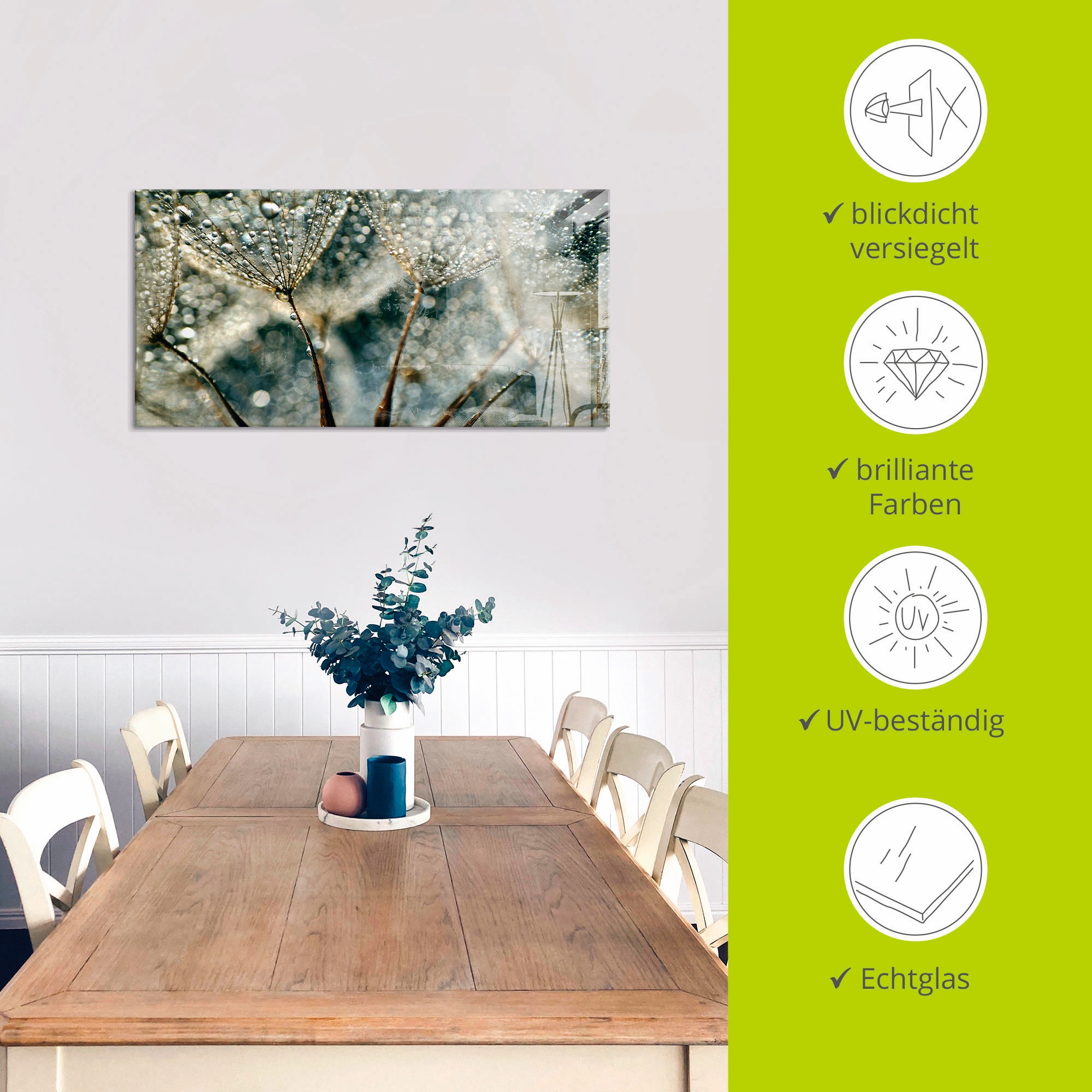 Artland Glasbild »Pusteblume Regenschauer«, Blumen, (1 St.), in verschiedenen Grössen
