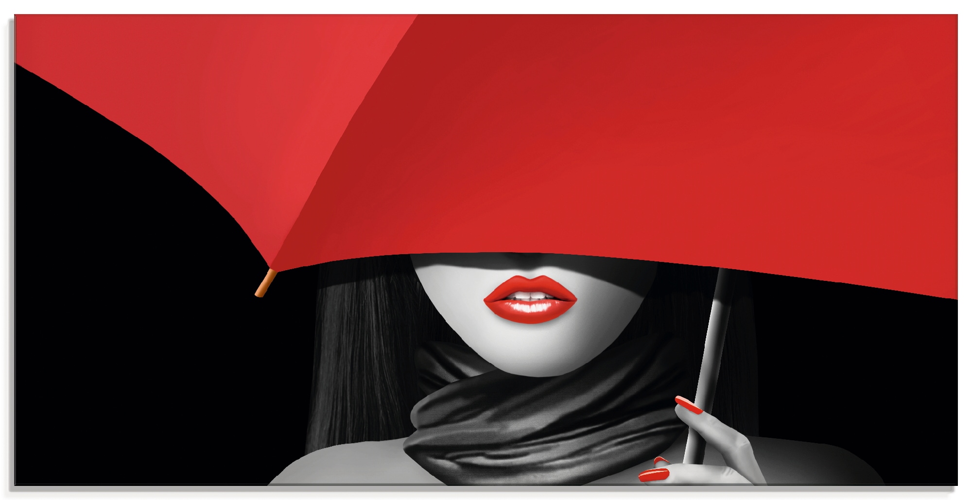 Image of Artland Glasbild "Rote Lippen unter dem Regenschirm" Frau 1 Stk. tlg. in verschiedenen Grössen