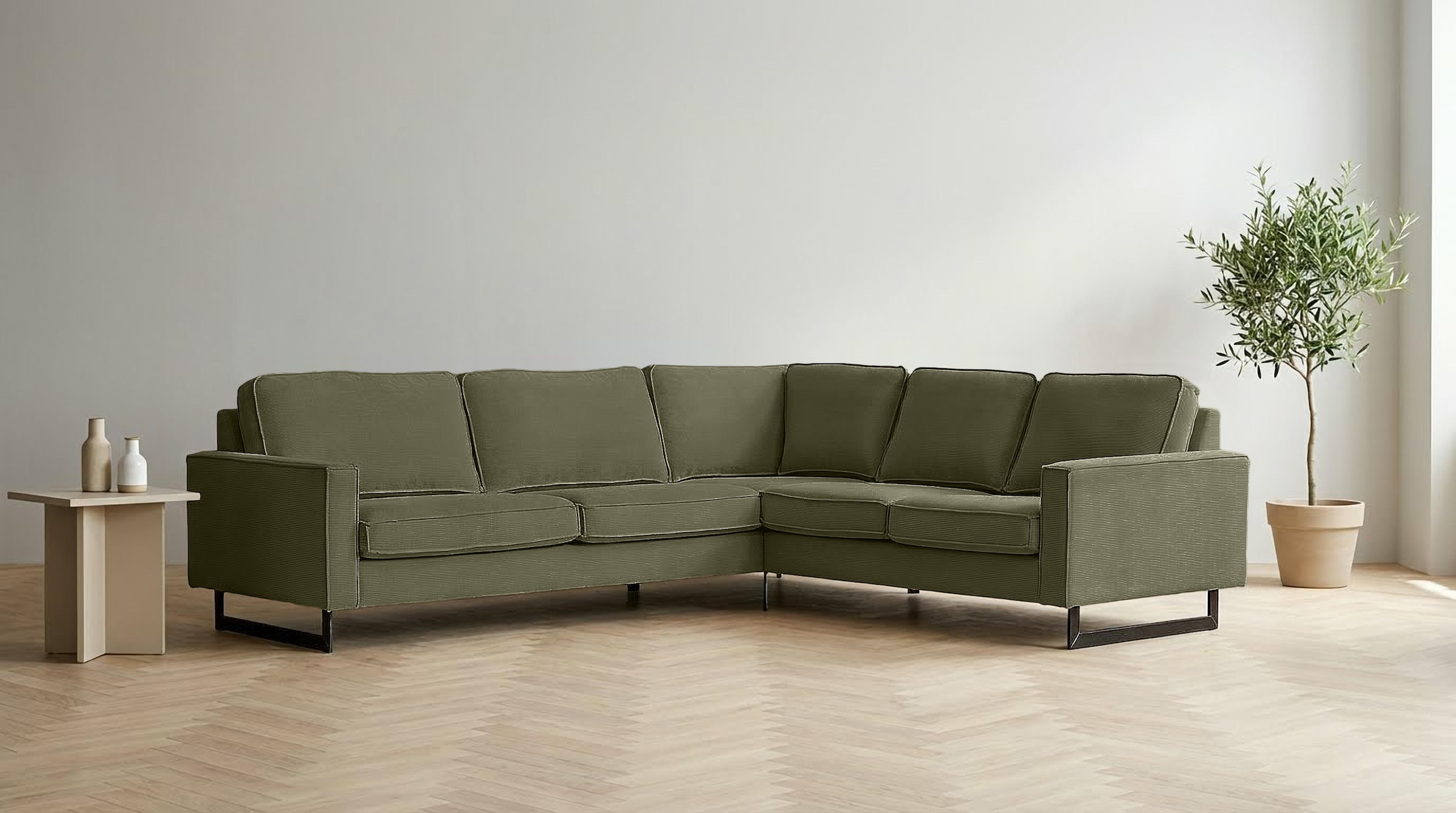 Home affaire Canapé d'angle »Pinto, XXL, 250/290 cm, langer Schenkel, Ottomane« Cord, Chenille, Lederoptik, mit Keder, Metallfüsse, Wellenunterfederung