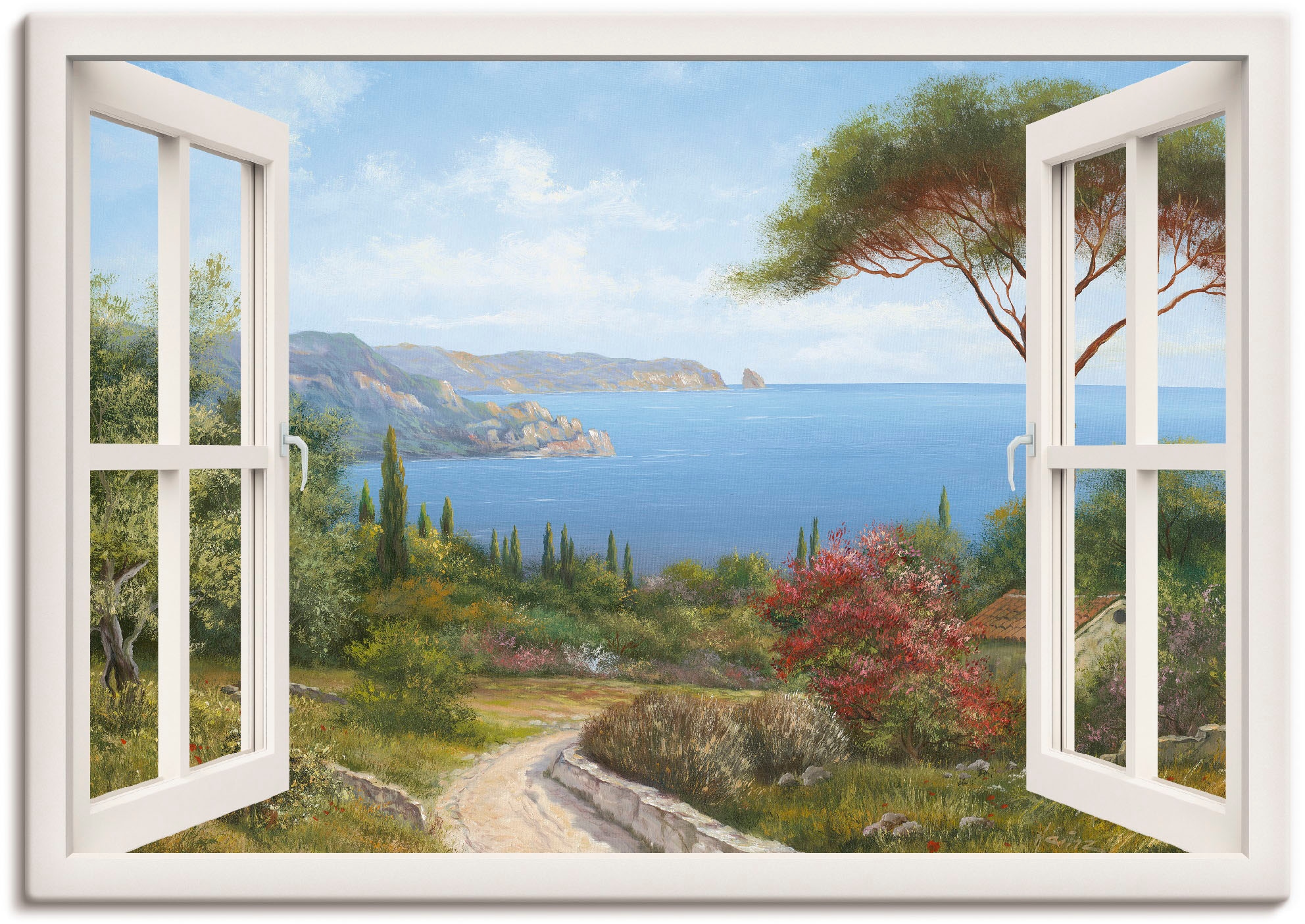 Artland Wandbild »Fensterblick - Haus Wandaufkleber Grössen Fensterblick, Poster kaufen (1 oder als versch. Leinwandbild, am in bequem St.), I«, Meer