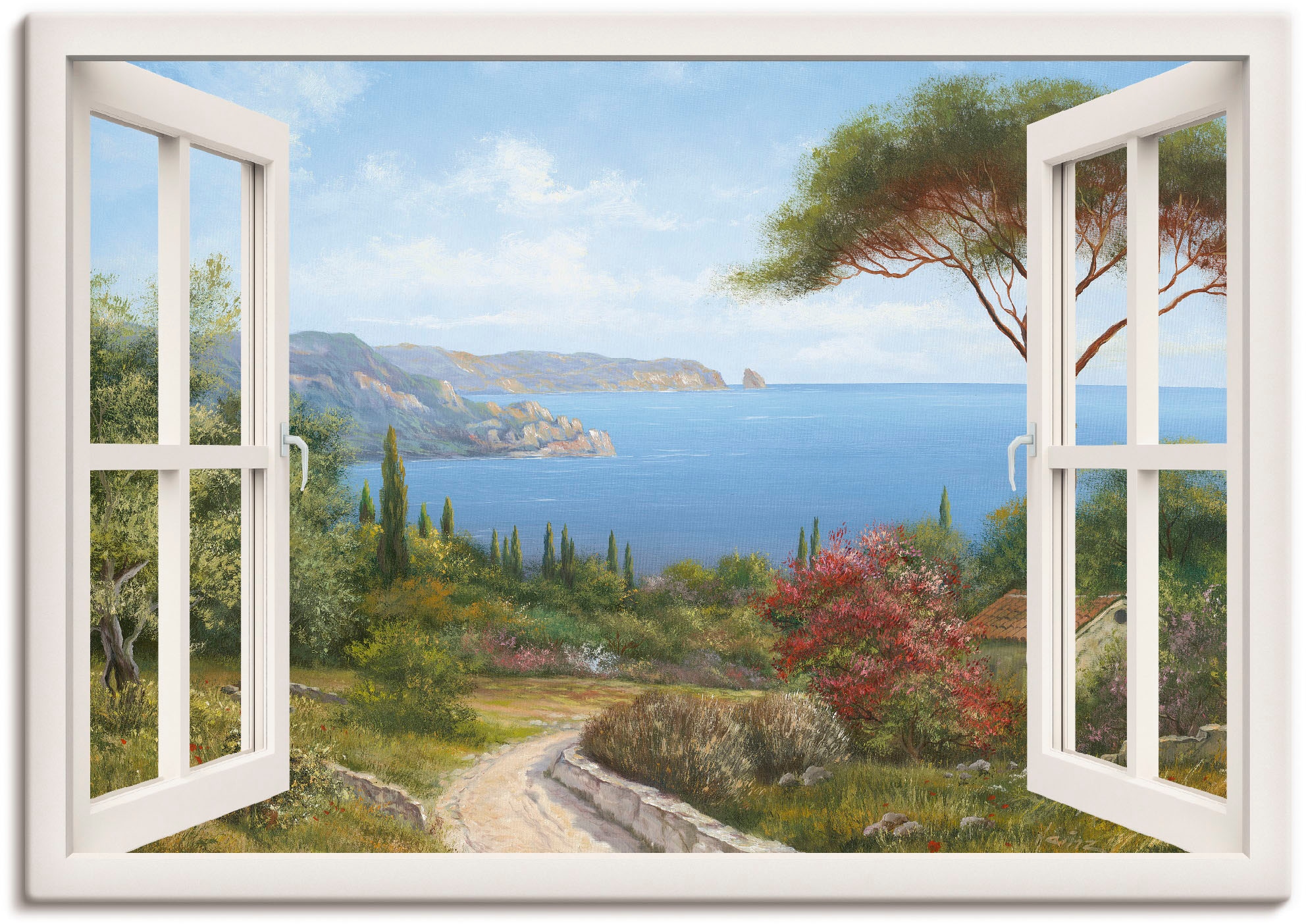 Image of Artland Wandbild "Fensterblick - Haus am Meer I" Fensterblick 1 Stk. tlg. als Leinwandbild, Poster in verschied. Grössen
