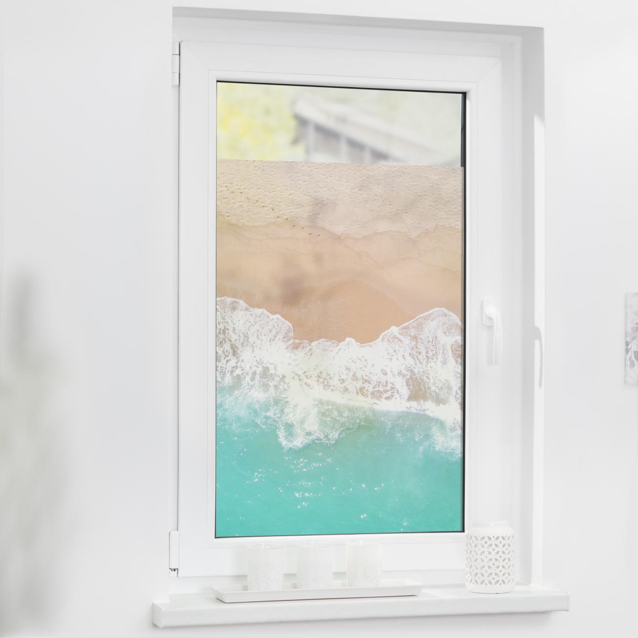 Image of LICHTBLICK ORIGINAL Fensterfolie "Fensterfolie selbstklebend, Sichtschutz, The Beach - Türkis Beige" 1 Stk. blickdicht glatt statisch haftend
