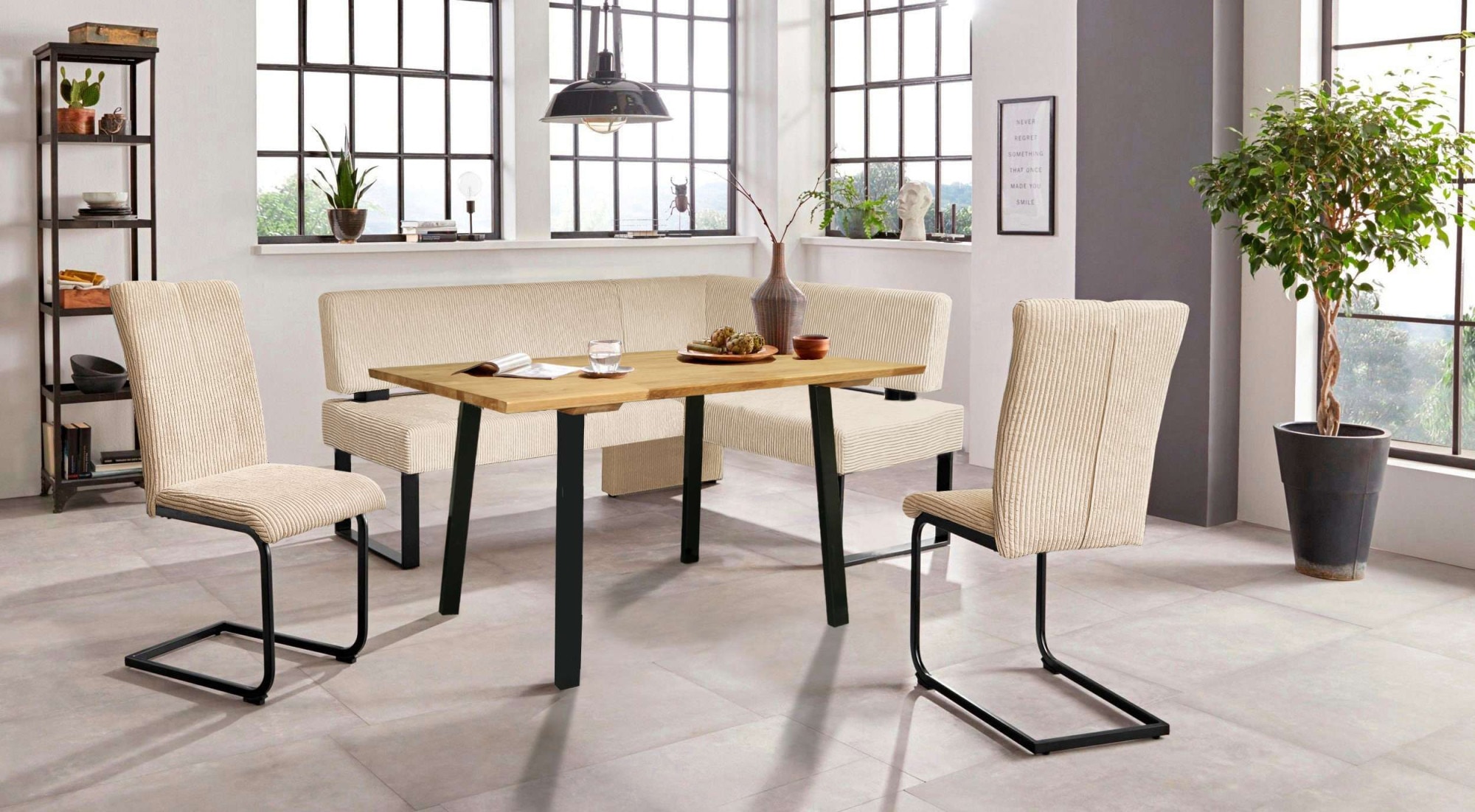 GOODproduct Eckbankgruppe »Oliver« Set, 4-tlg, 4 Stk. tlg. Eckbank mit Wellenunterfederung im Sitz, Tisch Massiv Eiche