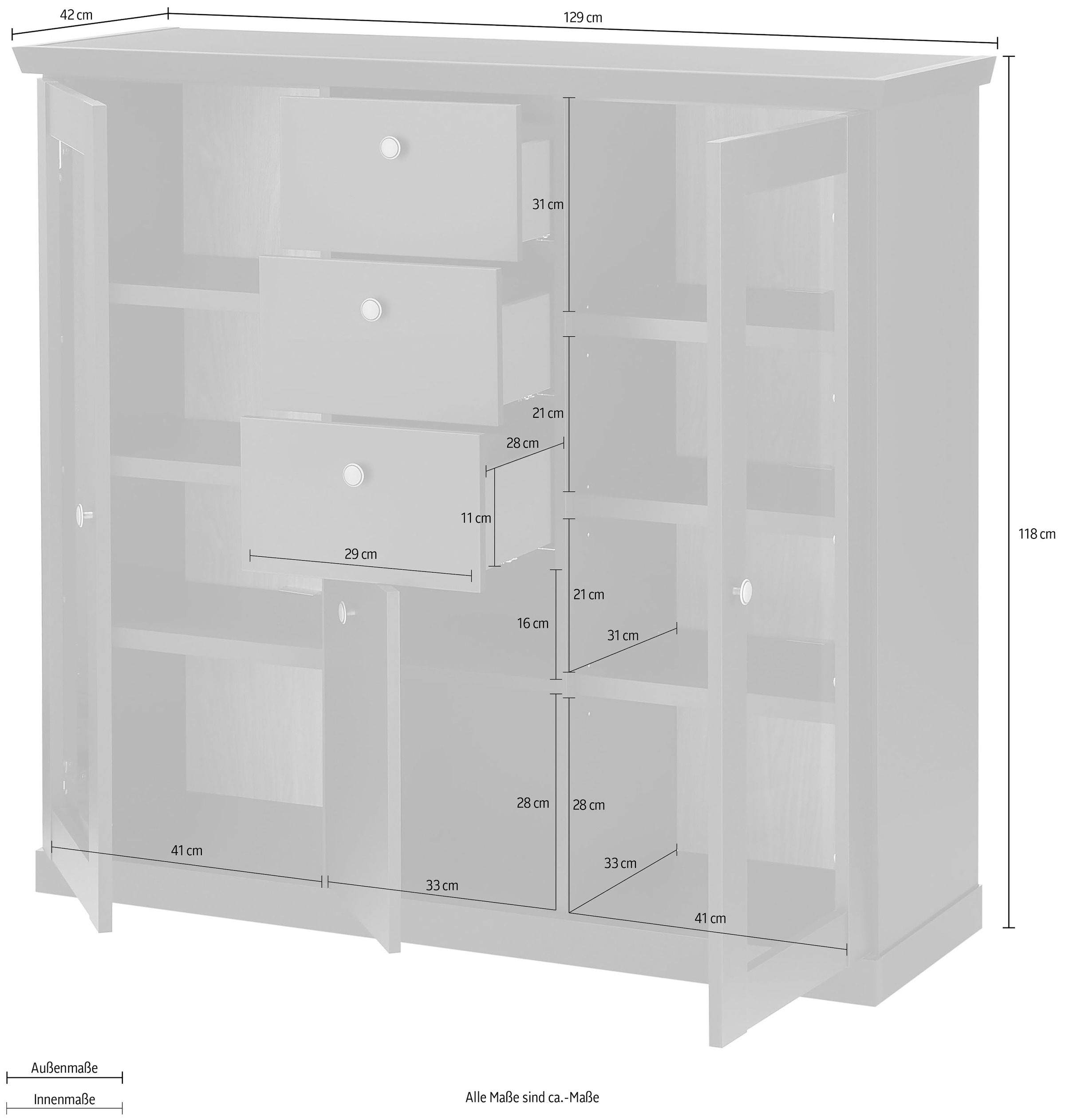 Home affaire Highboard »Lincoln, moderner Schrank, schwarzer Stauraumschrank, 129 cm breit« edles Design, messingfarbene Knopfgriffe, vielseitig einsetzbar