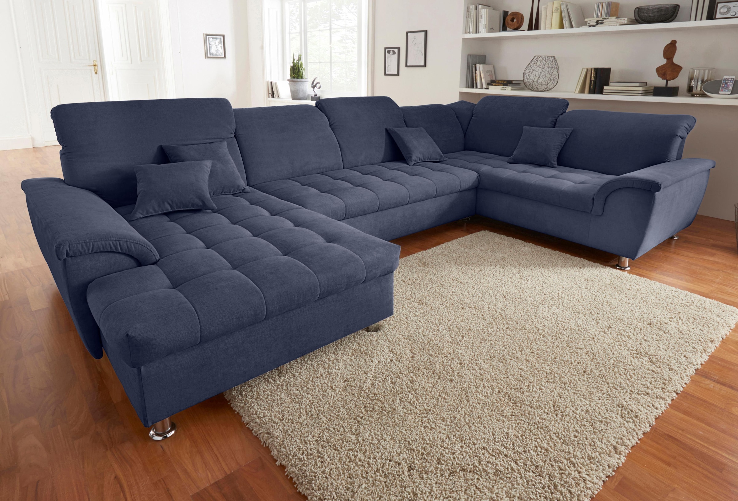 Image of DOMO collection Wohnlandschaft "FRANZI optional mit Bettfunktion, Bettkasten & Kopfteilverstellung" U-Form, Recamiere links, marine, B/T: 352/214 cm