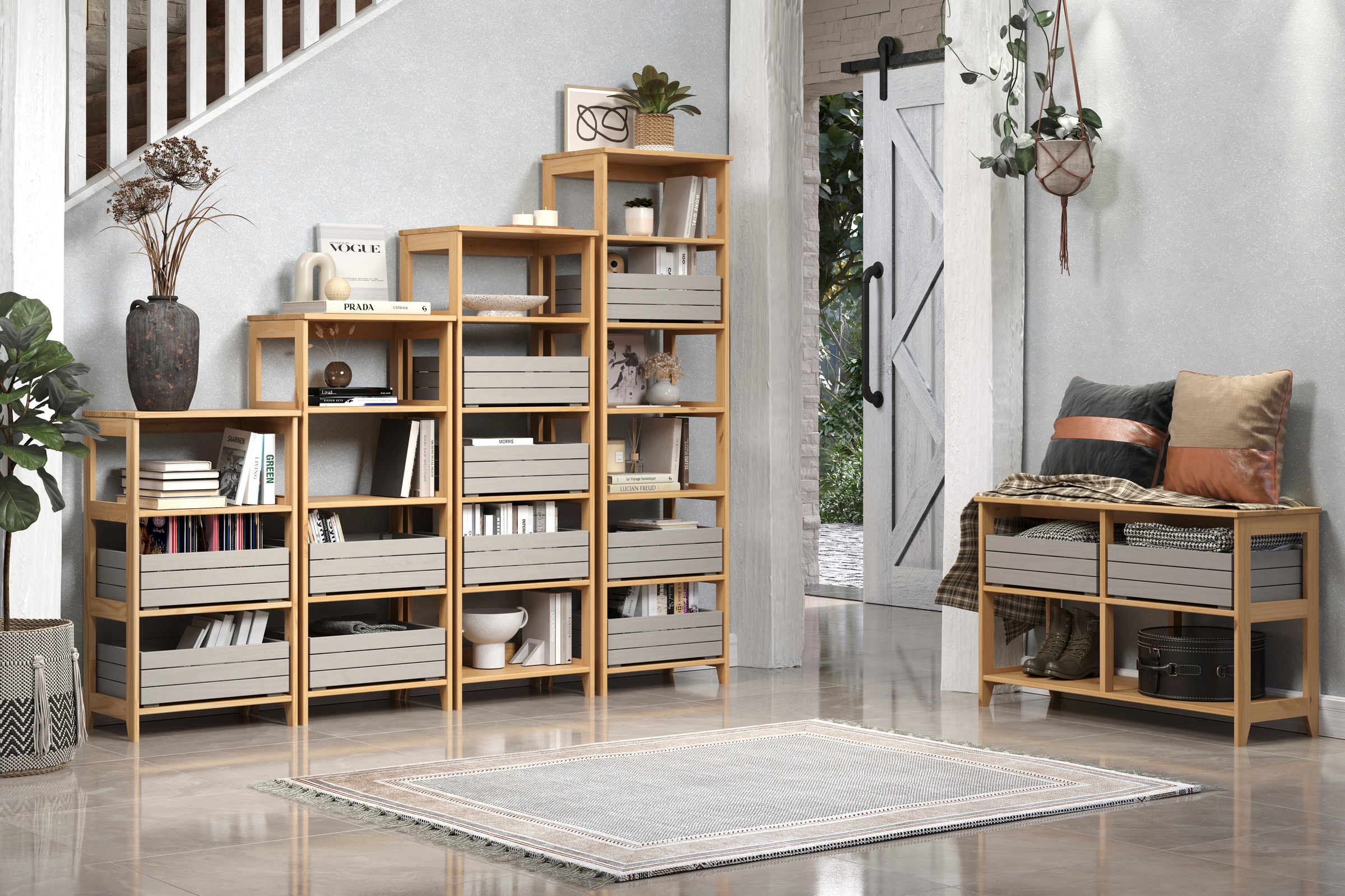 INTER-FURN Schublade »Arona Holzkisten«, (3 St.), 3er Set Massivholzkisten, Kiefer, Grau Wachs, B/H/T: 45 / 15 / 32 cm