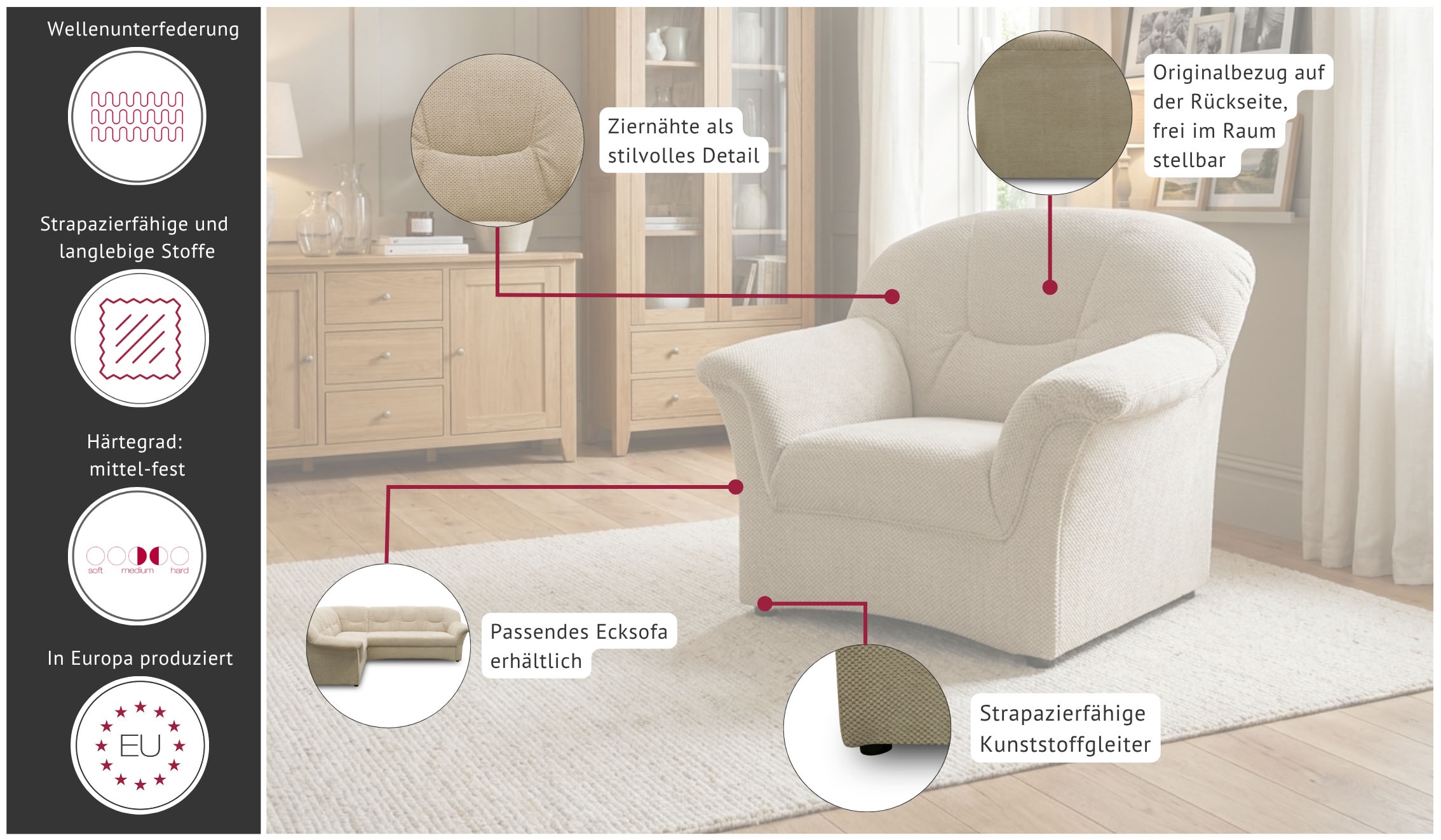 GOODproduct Fauteuil »Langeland Sitzbreite 48 cm, besonders komfortabel durch Federkern« avec revêtement doux en microfibre de luxe facile d'entretien