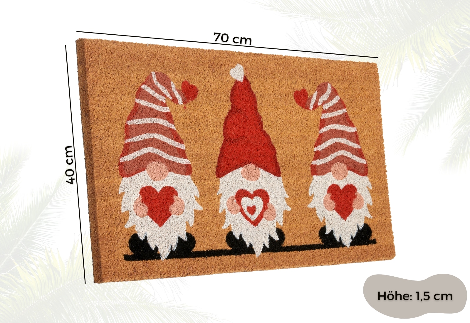 HANSE Home Fussmatte »Kokos Gnome Heart, Türmatte«, rechteckig, 15 mm Höhe, Schmutzfangmatte, Rutschfest, Outdoor, Weihnachten, Kokosmatte, Zwerg