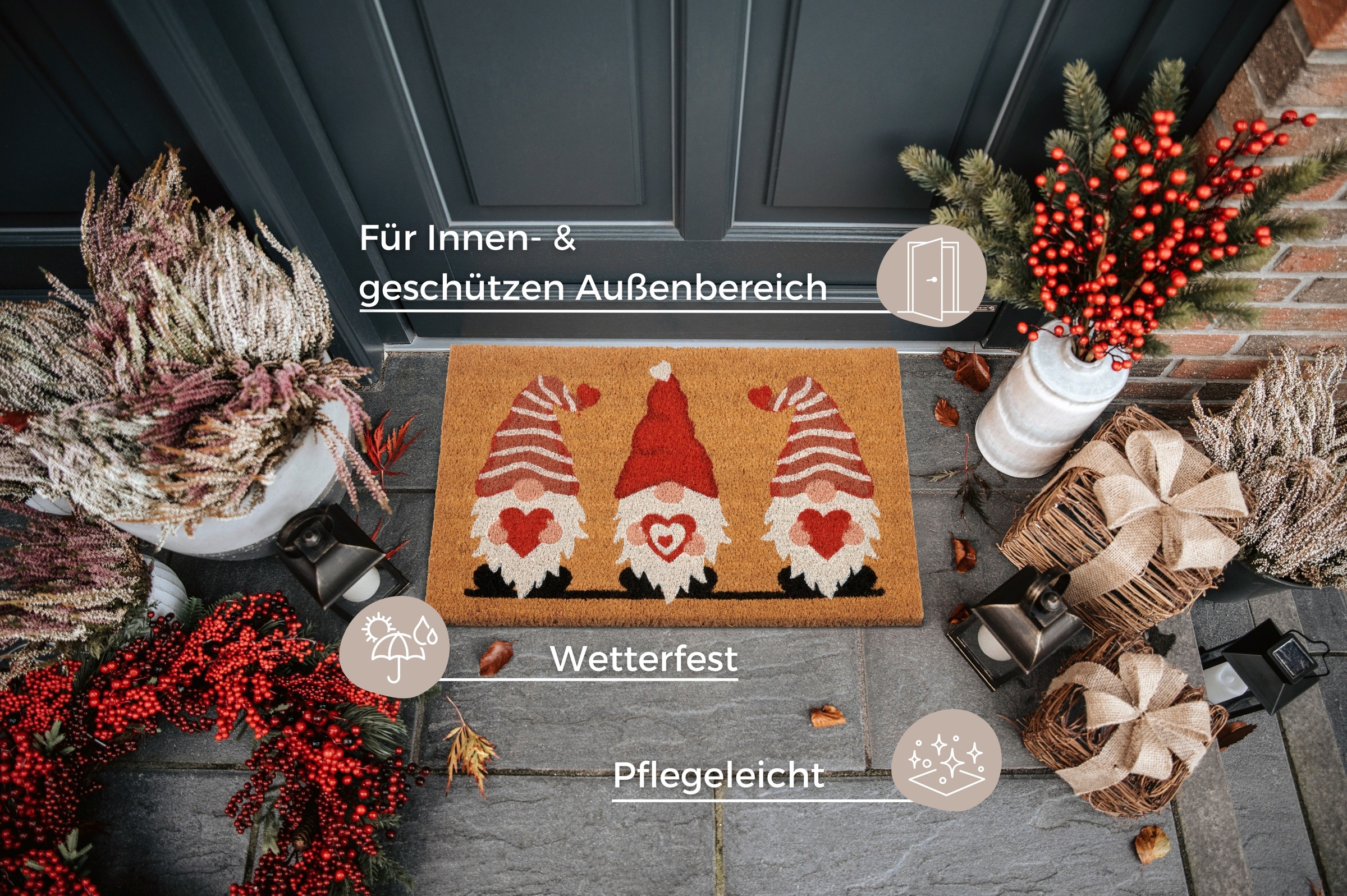 HANSE Home Fussmatte »Kokos Gnome Heart, Türmatte«, rechteckig, 15 mm Höhe, Schmutzfangmatte, Rutschfest, Outdoor, Weihnachten, Kokosmatte, Zwerg