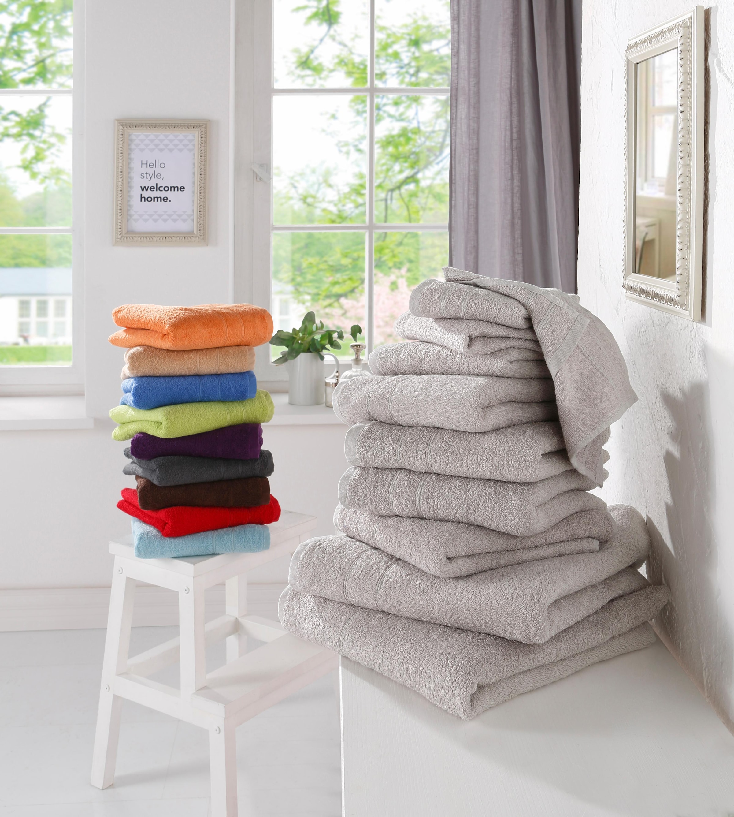my home Handtuch Set »Inga, Duschtücher, Handtücher, Gästetücher, Seiftücher«, 10 tlg., Walkfrottee, Handtücher mit feiner Bordüre, 100% Baumwolle, einfarbig, weich