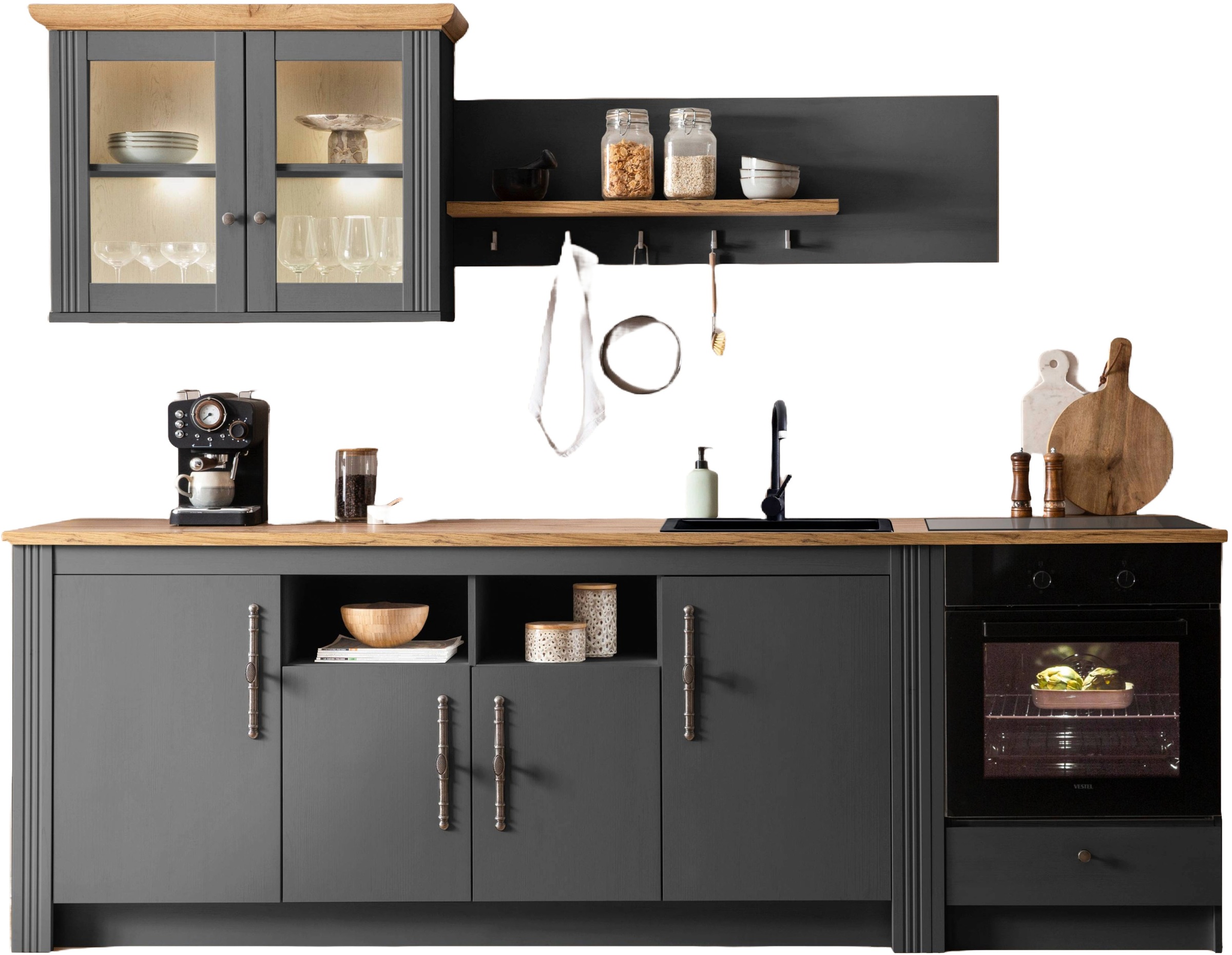 Image of GOODproduct Küchenzeile "KS-Westminster, Pantryküche im Landhaus Stil, hochwertige Metallgriffe" Set, Breite 268 cm, Sideboard, Wandpaneel, Hängeschrank und Herdumbau