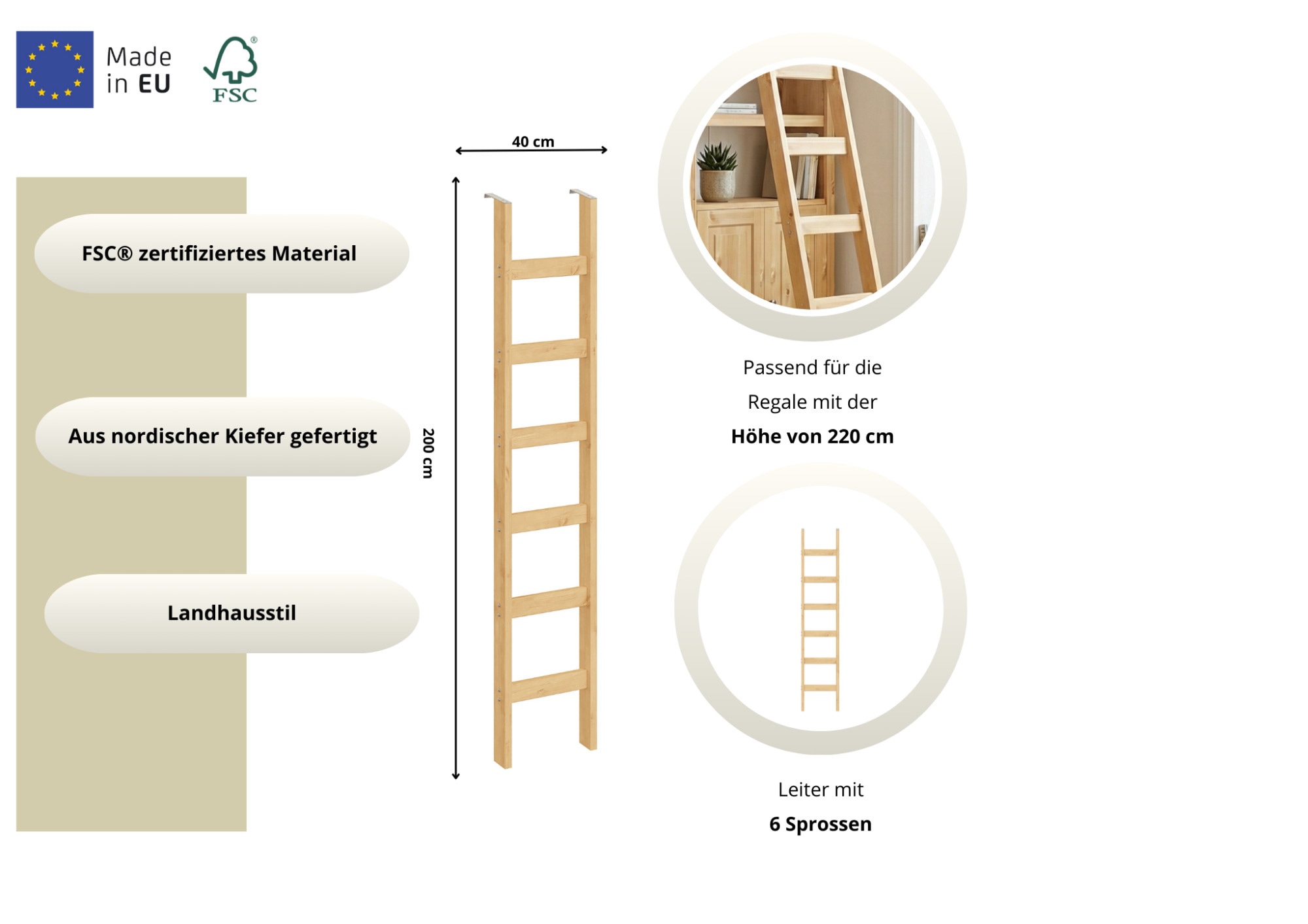 GOODproduct Leiterregal »Soeren Leiter B/T/H: 40/1,8/190 cm, massive Kiefer, FSC®-zertifiziert« passend für Regal Soeren Höhe 220 cm, funktionales Design