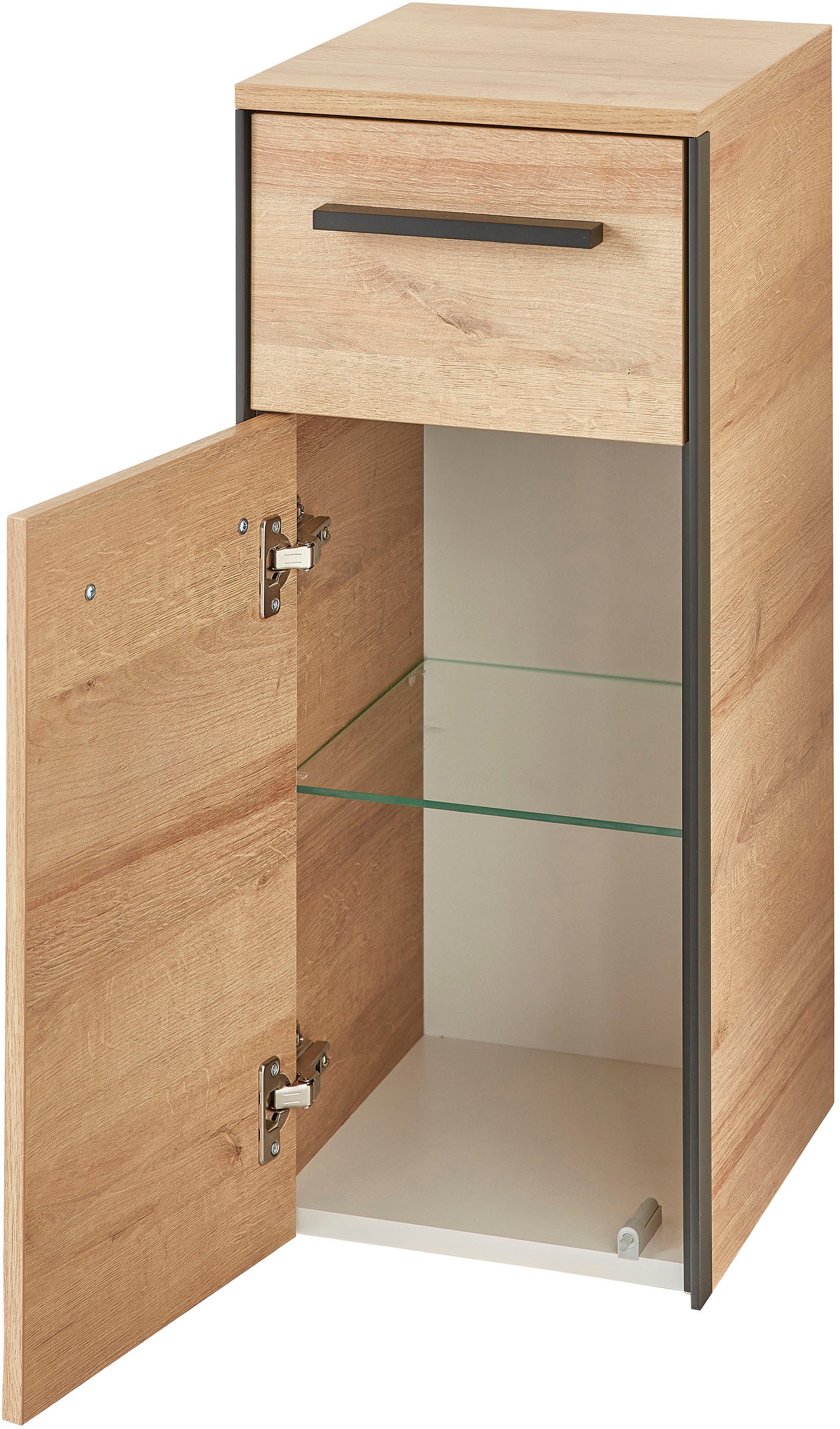 Saphir Armoire basse »Quickset 395 Badschrank, 1 Tür, 1 Schublade, 30cm breit, Griff Schwarz« meubles de salle de bain incl. amortisseurs de porte, imitation chêne Riviera horizontal