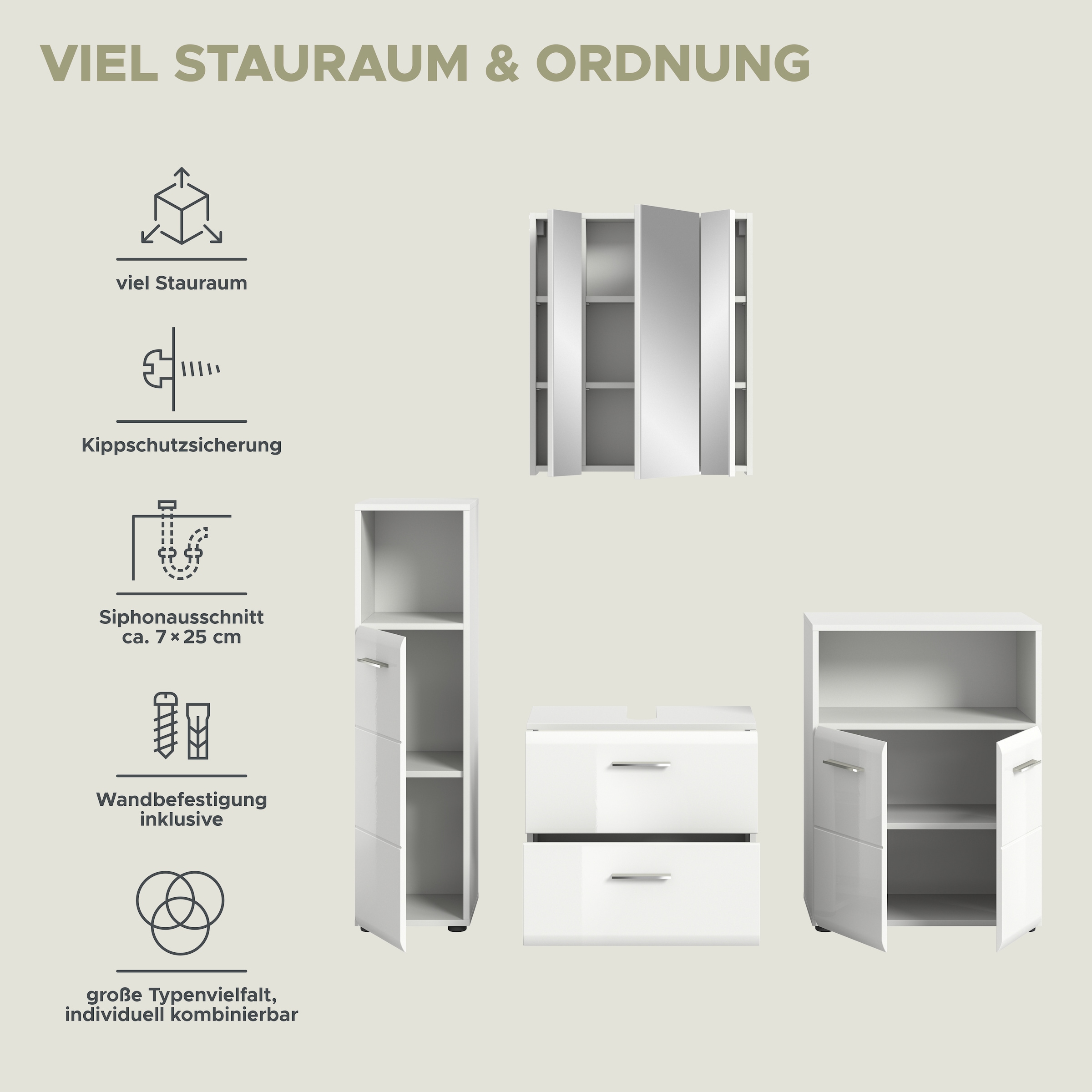 INOSIGN Badmöbel-Set »FLORENZ, TOPSELLER!, 4-teilige Badkombination, hochwertige MDF-Front« Set, Midischrank hoch, WBU, Spiegelschrank, Midischrank breit, 