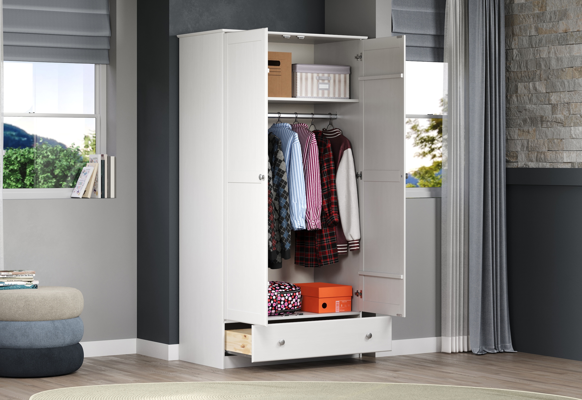 Home affaire Kleiderschrank »Delsbo Garderobenschrank Wäscheschrank Schlafzimmer Massivholz« Bestseller Schrank in Landhaus Design, 1 Stk. tlg. Drehtürenschrank aus Kiefernholz - mit Schublade und Kleiderstange