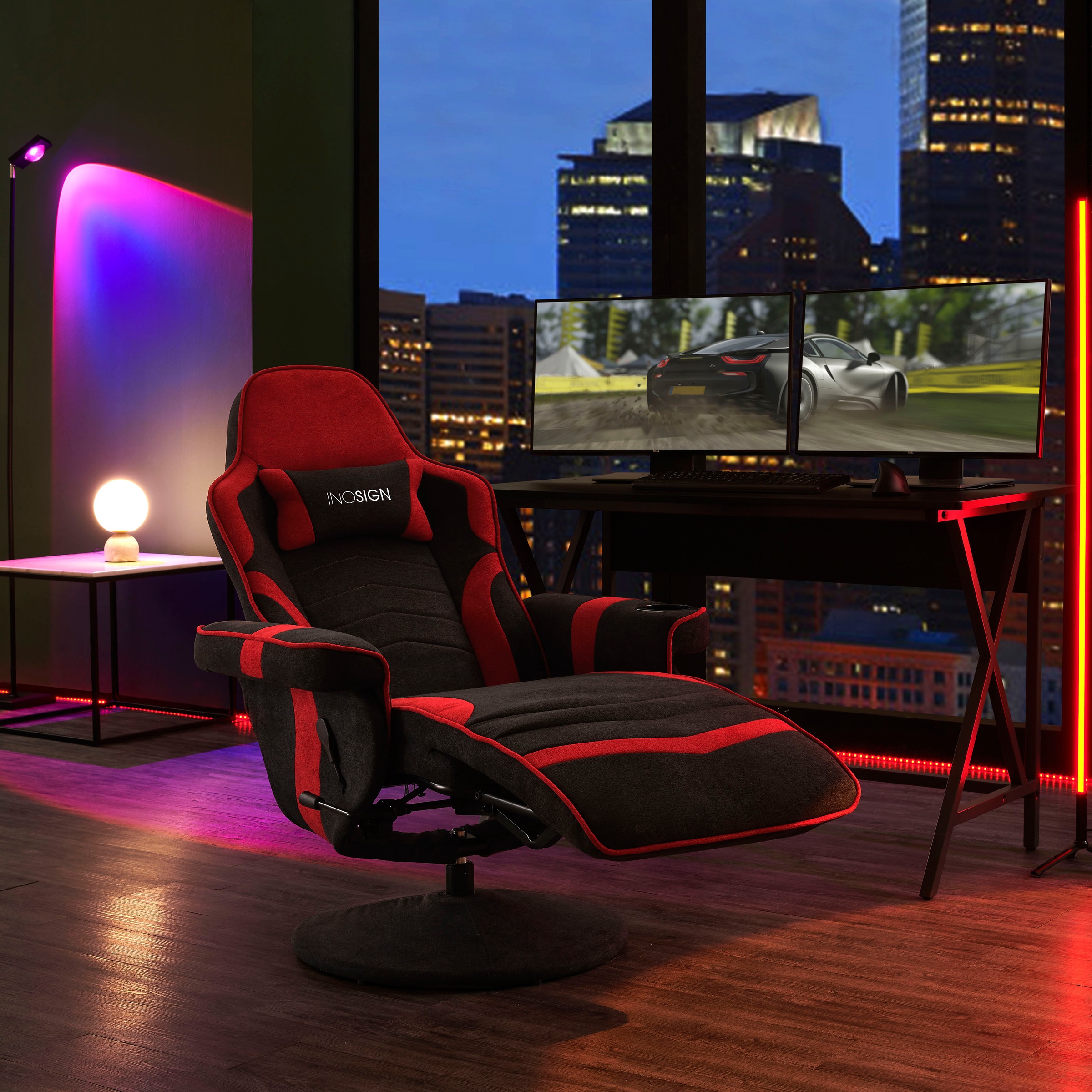 Image of INOSIGN Relaxsessel »Liljana«, im Gaming Chair Design, mit mechanischer Relaxfunktion, integrierte Fussstütze, Getränkehalter in der rechten Armlehne, Drehfunktion, 1 Kissen zur Kopfstütze, schwarzes Metallgestell, gepolstert, Sitzhöhe 47 cm bei Ackermann