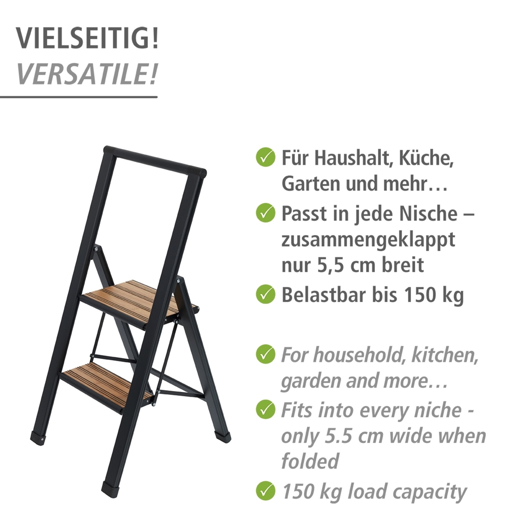 WENKO Trittleiter »Modell Alu-Design«, rutschsichere XXL-Stufen, robustes Aluminium in Kombination mit Bambus