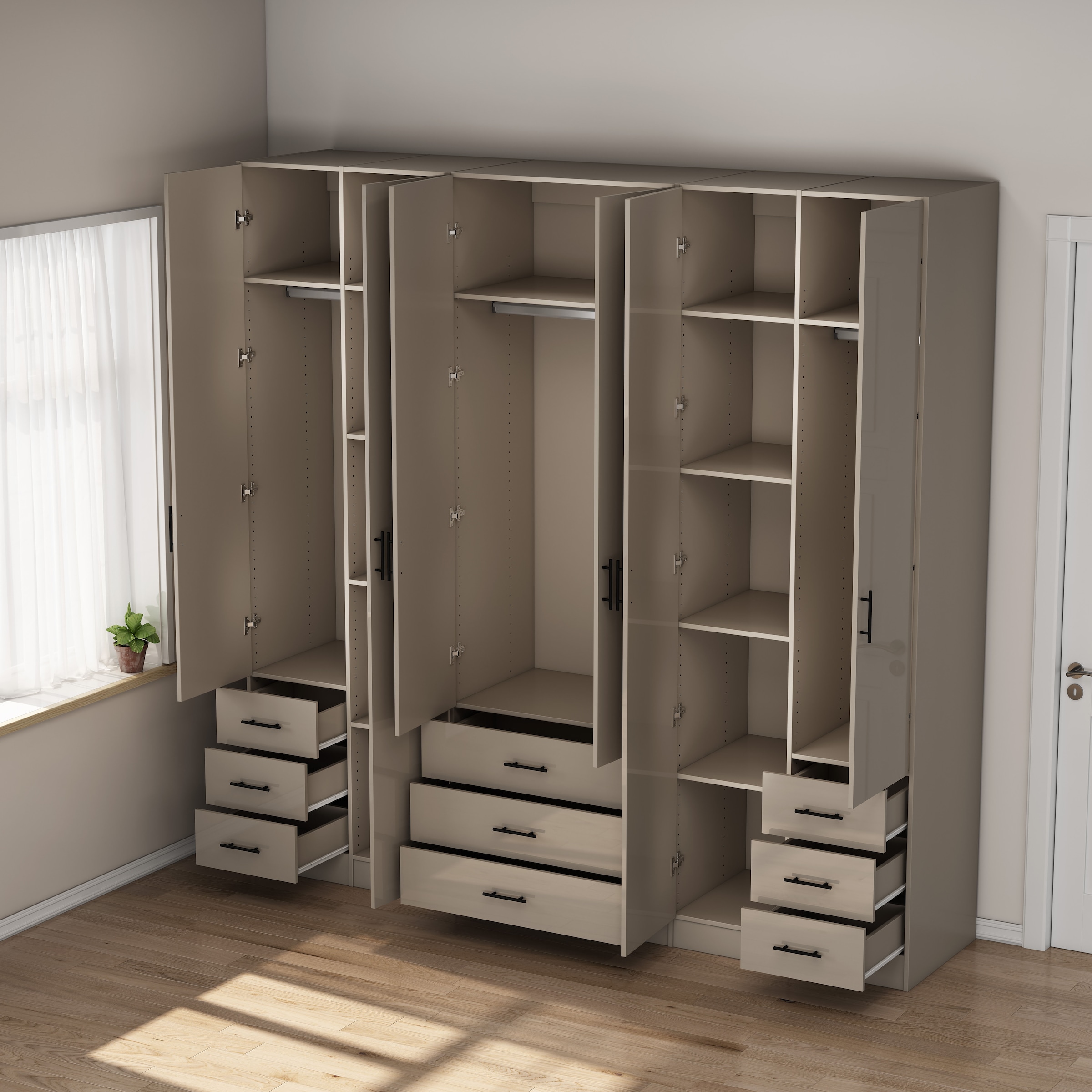 GOODproduct Armoires à vêtements »Trento Schlafzimmerschrank Garderobe hochglanz« in 2 unterschiedlichen Schrankhöhen wählbar,  Schrank mit 6 Türen und 9 Schubladen, Hochglanz-Fronten, 2,39m Höhe