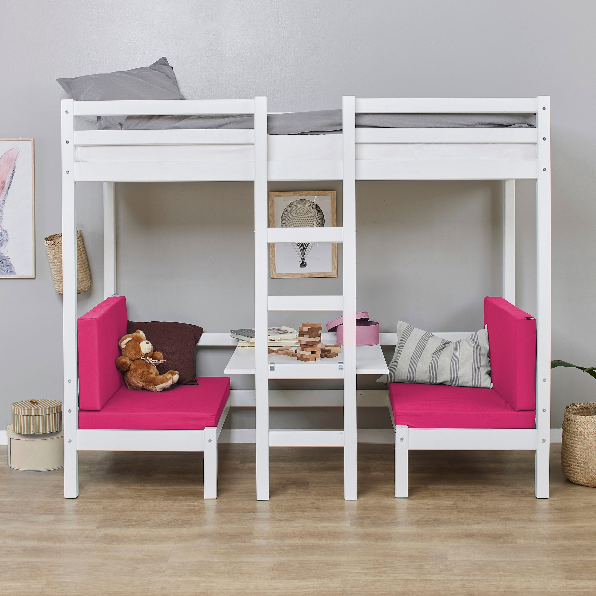 Hoppekids Hochbett »ECO Dream, Kinderbett mit Funktion - Praktisch & flexibel« Unteres Bett nutzbar als Bett oder Sitzgruppe. Matrazenbezug: PINK