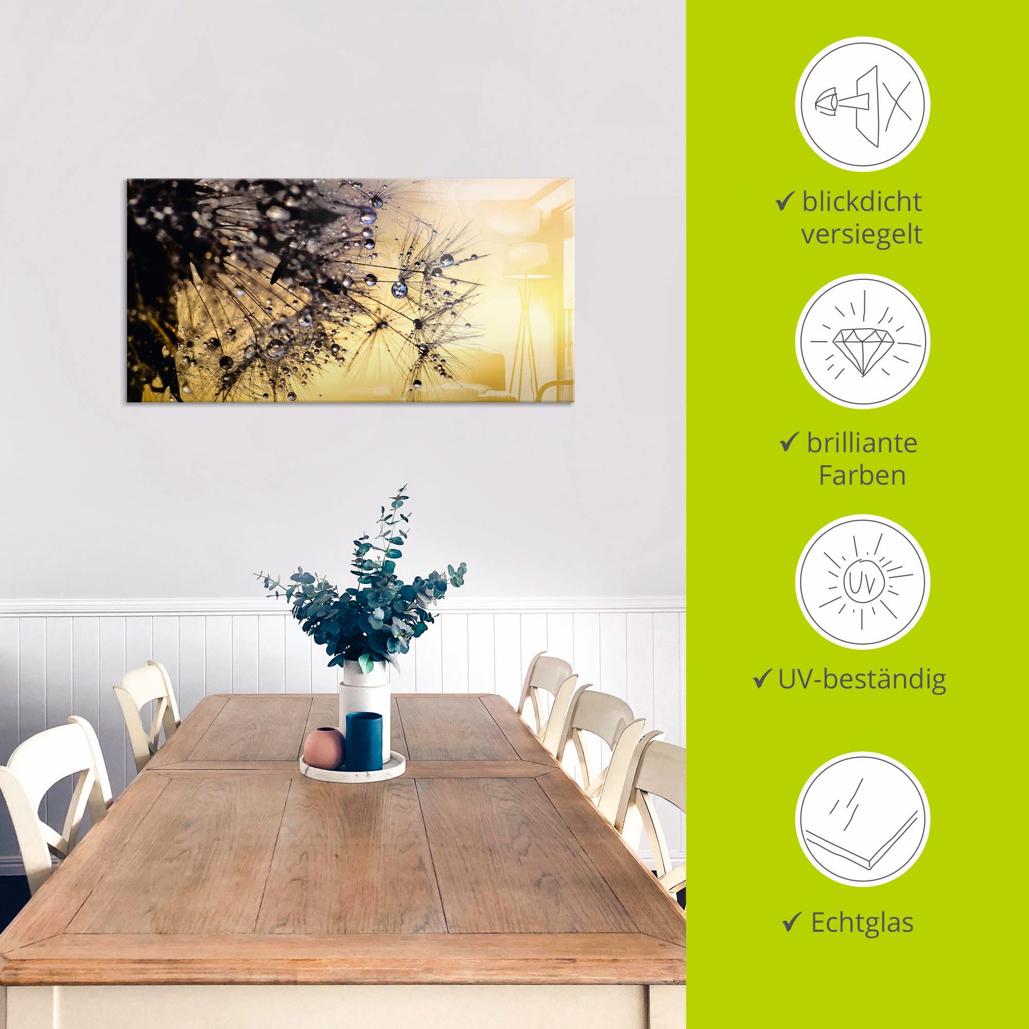 Artland Glasbild »Pusteblume mit Tautropfen benetzt«, Blumen, (1 St.), in verschiedenen Grössen