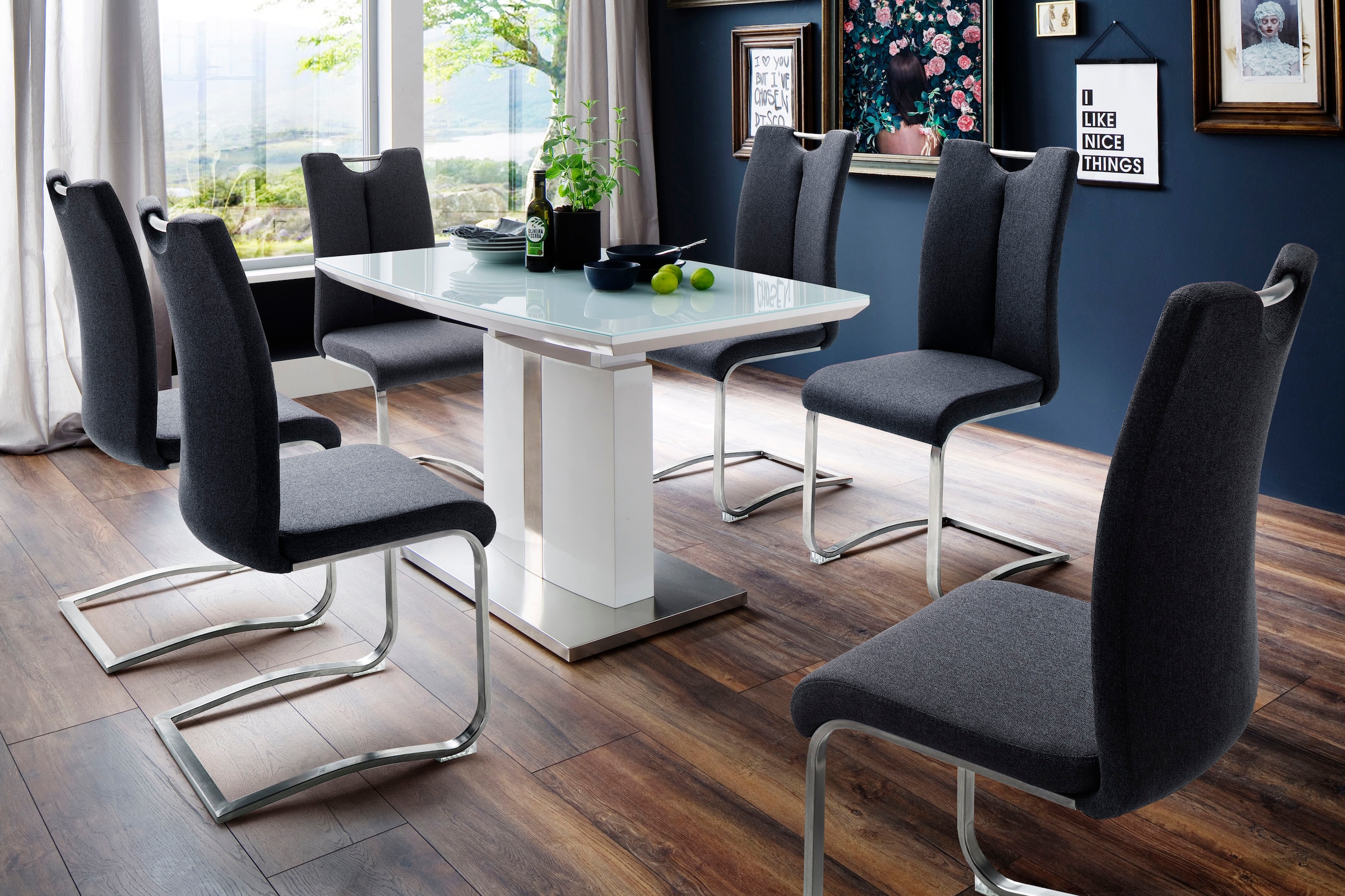 MCA furniture Esstisch »Najuma, TOPSELLER!«, (Tisch, Esstisch), Bootsform weiss mit Synchronauszug, Sicherheitsglas