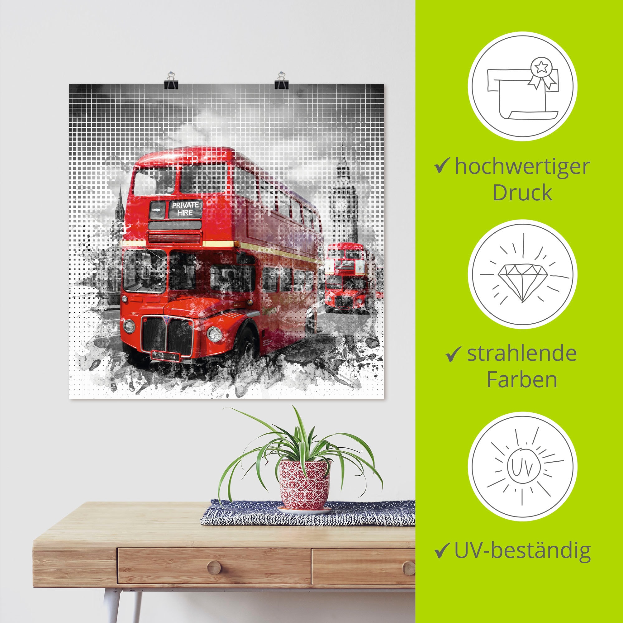 Artland Wandbild »London Westminster Rote Busse«, Auto, (1 St.), als Poster in verschied. Grössen