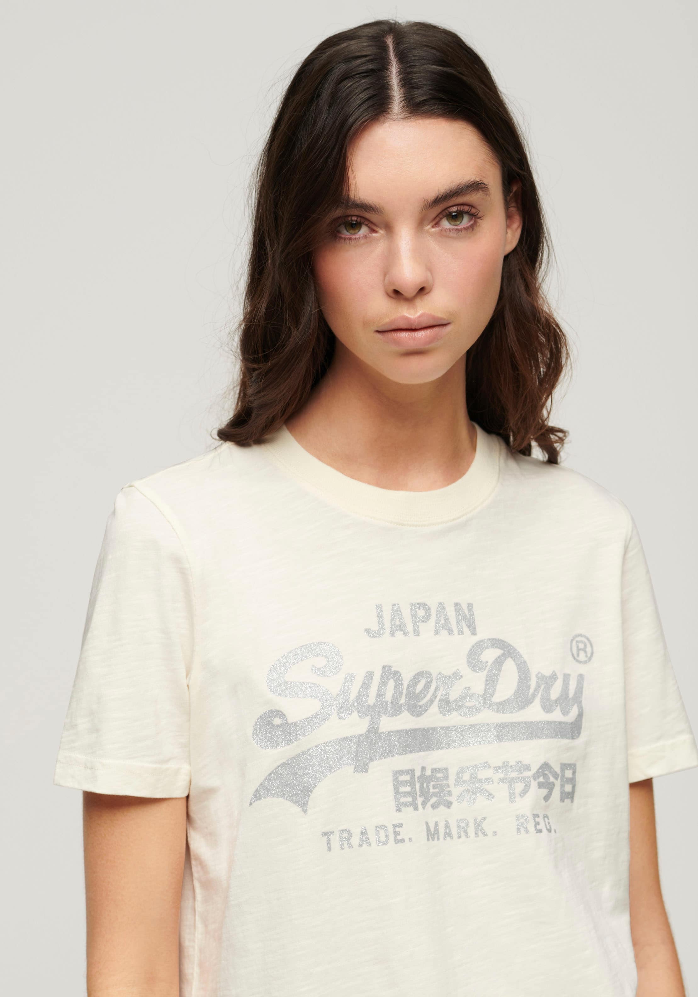 Superdry T-Shirt »METALLIC VL RELAXED T SHIRT«, Print-Shirt mit glitzerndem Logo-Druck