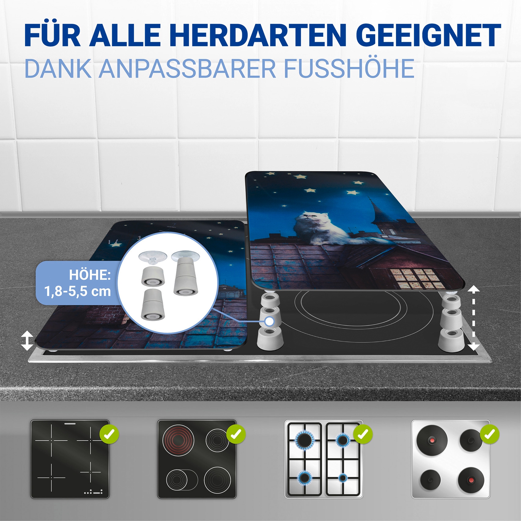 WENKO Herd-Abdeckplatte »Universal Modell Moon Cat«, (Set, 2 tlg.), Herdabdeckung für alle Herdarten, kratzfest, mit rutschfesten Füssen