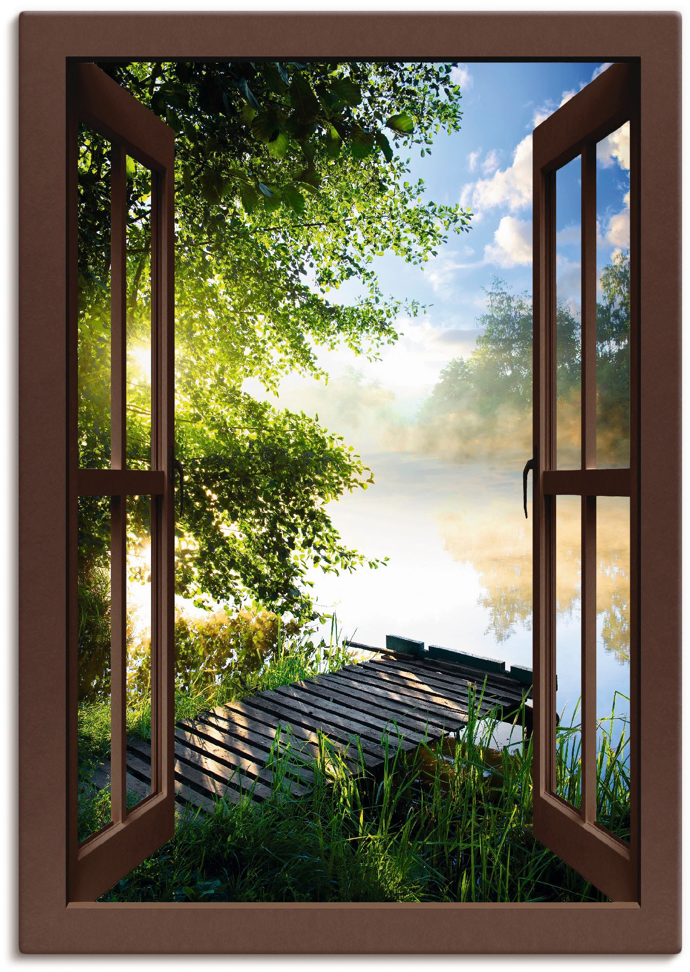 Image of Artland Wandbild "Fensterblick Angelsteg am Fluss" Fensterblick 1 Stk. tlg. als Alubild, Leinwandbild, Poster in verschied. Grössen