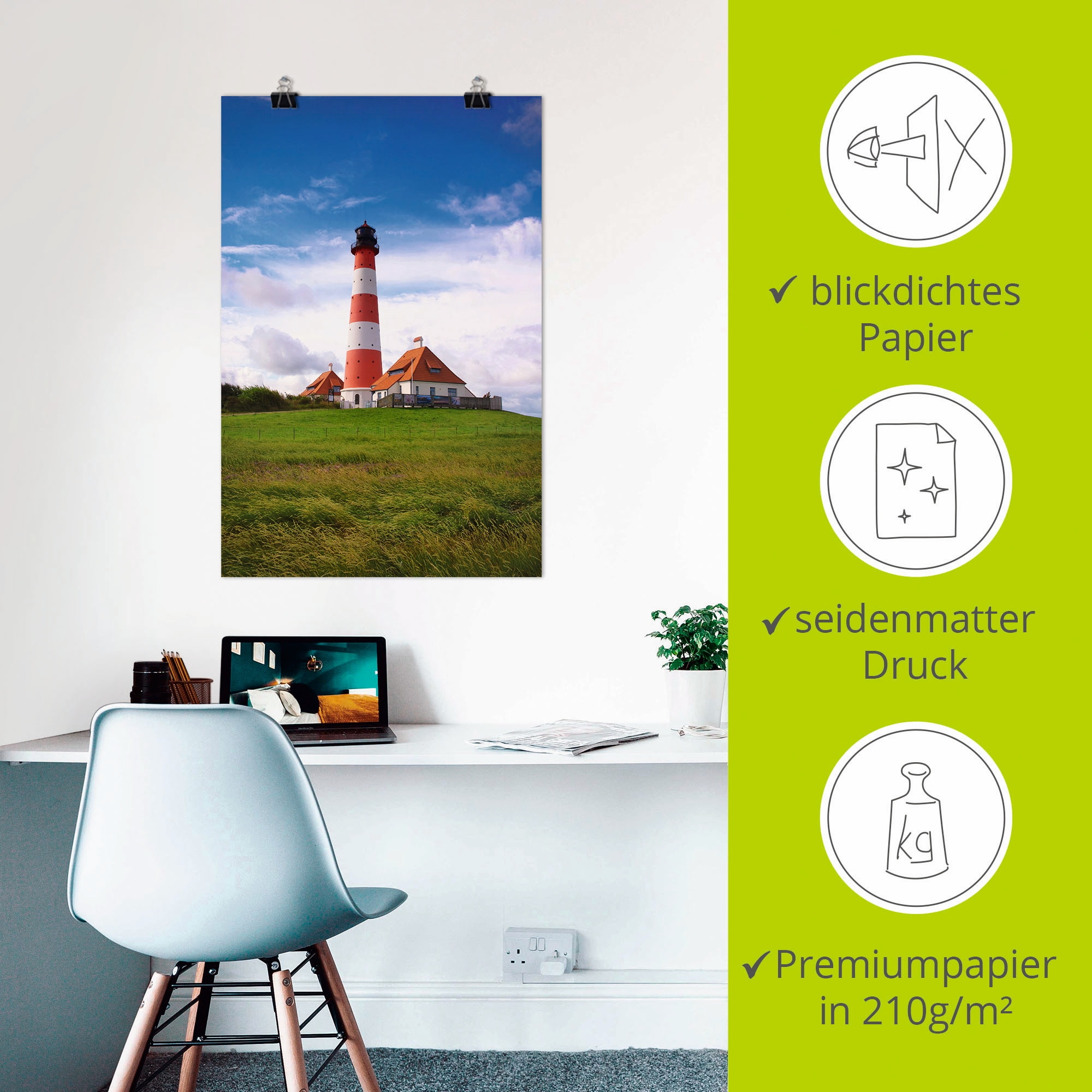 Artland Wandbild »Westerhever Leuchtturm«, Gebäude, (1 St.), als Alubild, Outdoorbild, Leinwandbild, Poster in verschied. Grössen