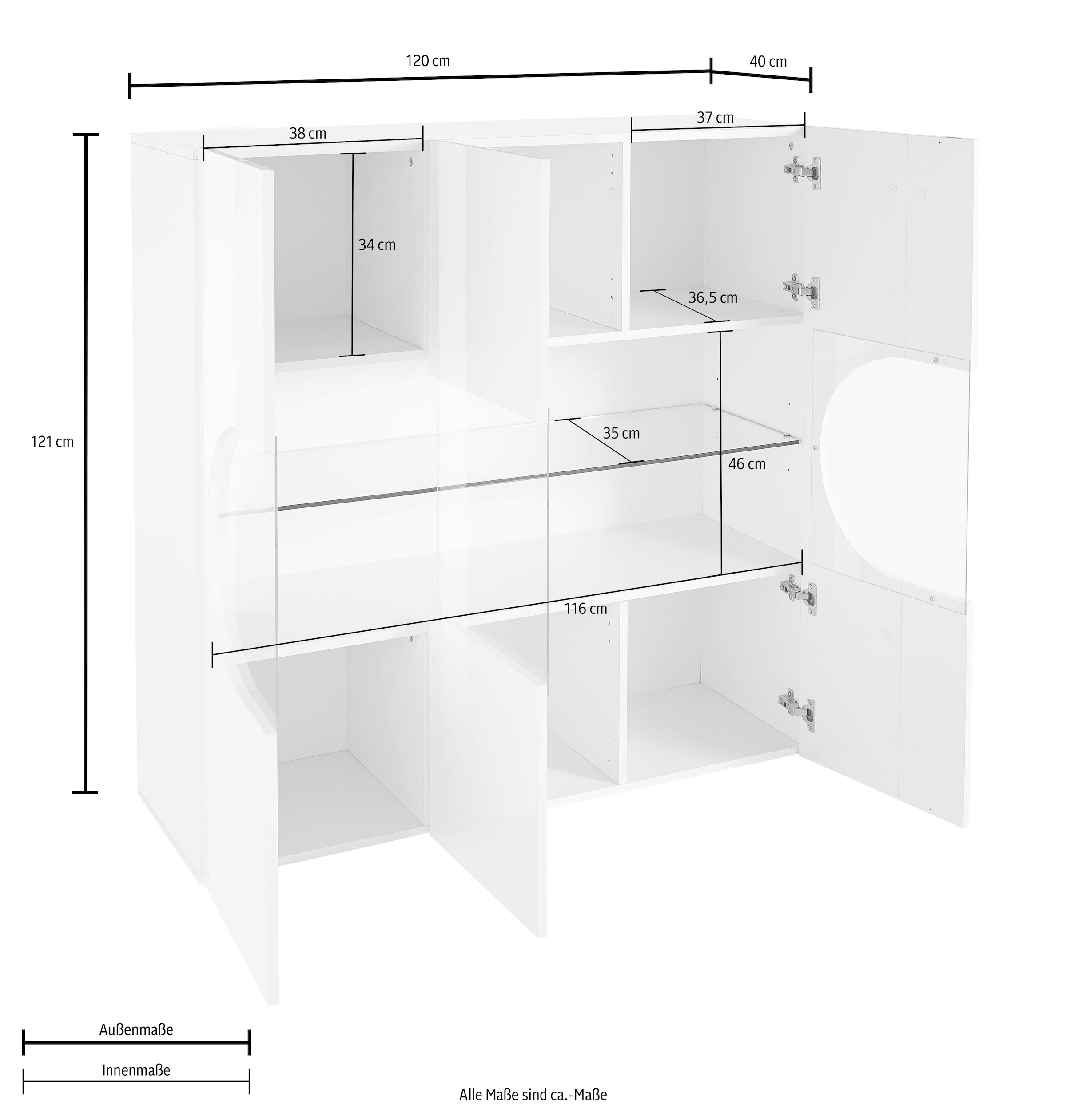 INOSIGN Highboard »Real,Highboard,Kommode,Schrank mit 3 Türen,komplett hochglanz lackiert«, mit 3 Türen, davon 2 aus Glas, mit einer grossen Glasablage, Höhe 121