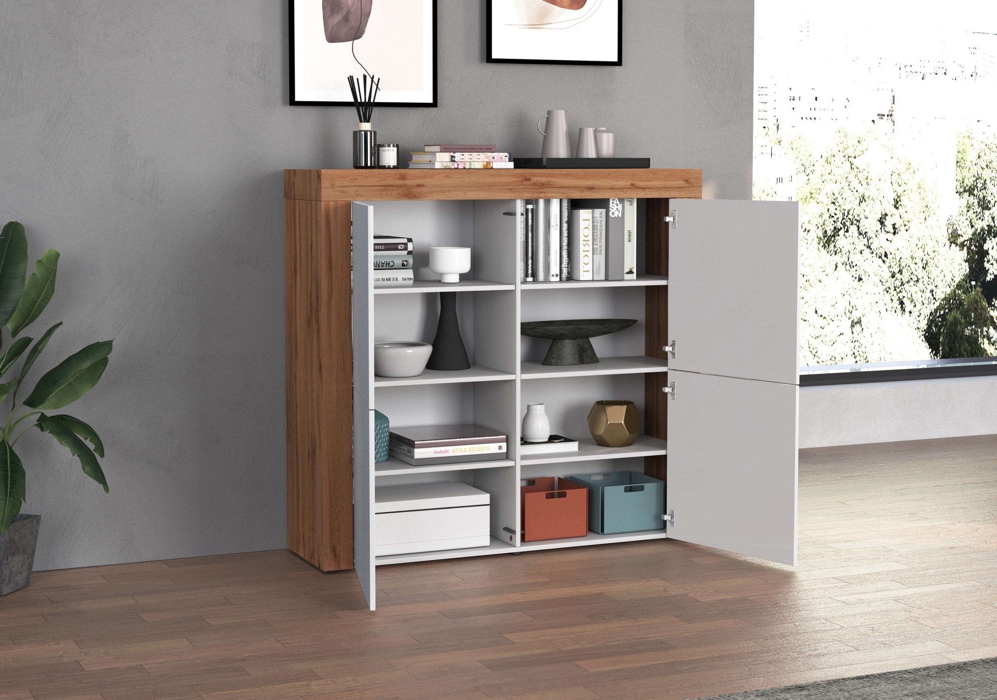 INOSIGN Highboard »CHRONOS Breite 140 cm mit 4 Türen und 8 Fächer 'Made in Italy'«, (1 St.), Hohes Sideboard, Kommode, Schrank, Grifflos mit Push to Open