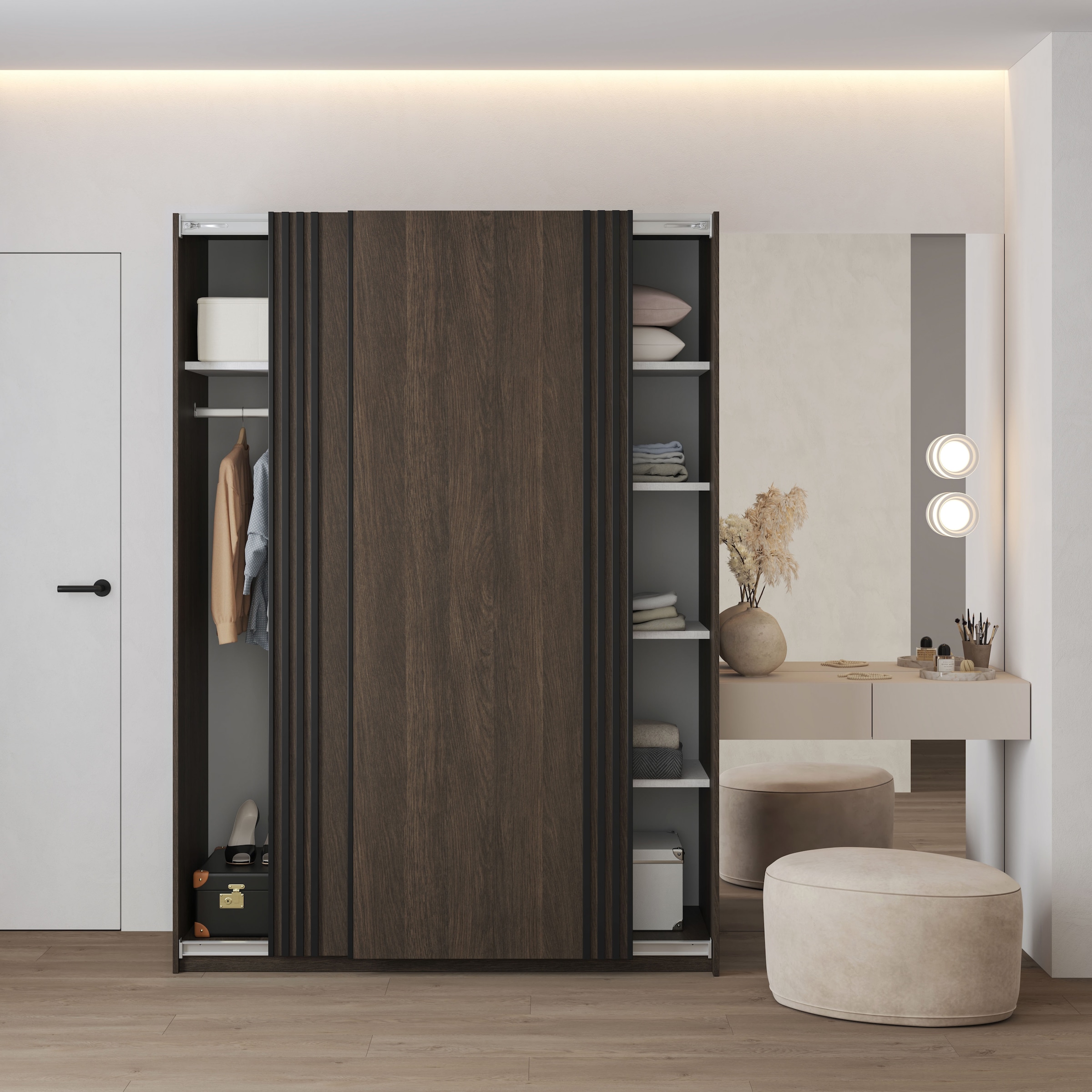 Home affaire Schwebetürenschrank »Niva, Garderobenschrank incl.kompletter Innenausstattung« Moderner Kleiderschrank, Schiebetürenschrank, Lamellen, Wäscheschrank