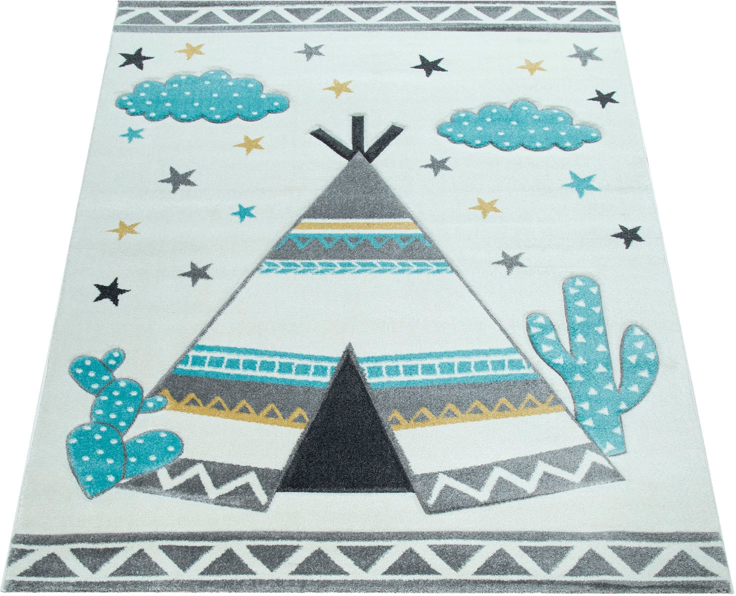 Image of Paco Home Kinderteppich "Ela 215" rechteckig 16 mm Höhe Kurzflor, 3D-Design, Motiv Zelt, Wolken & Sterne, Kinderzimmer