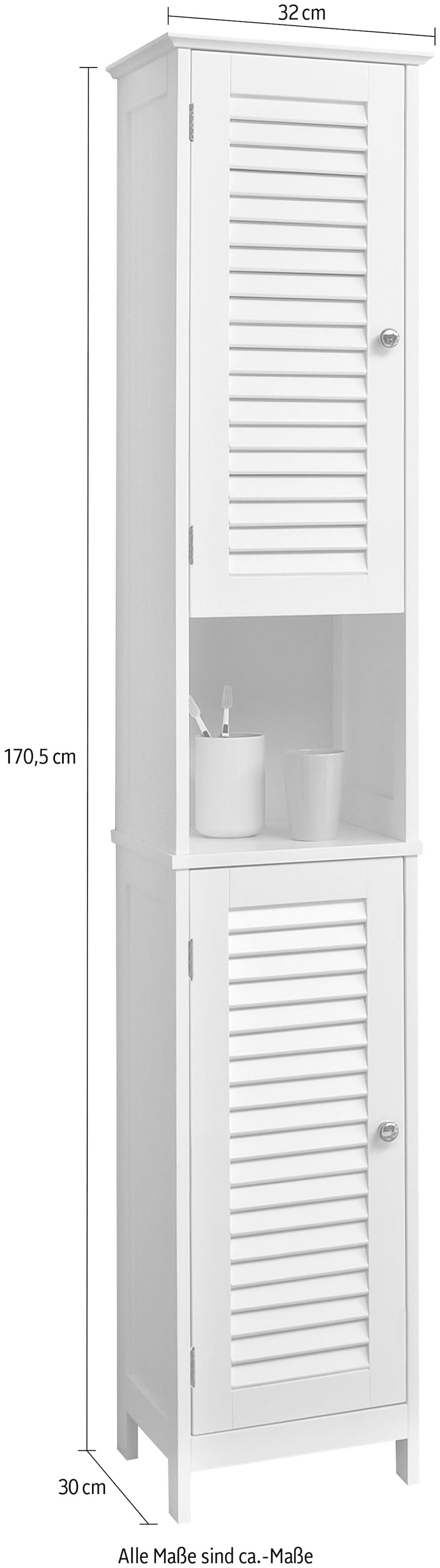 Saphir Armoire haute »Quickset 928 Badschrank 32 cm breit, 2 Türen, Nische, 3 Einlegeböden« armoire haute de salle de bain, blanc avec boutons, style campagne