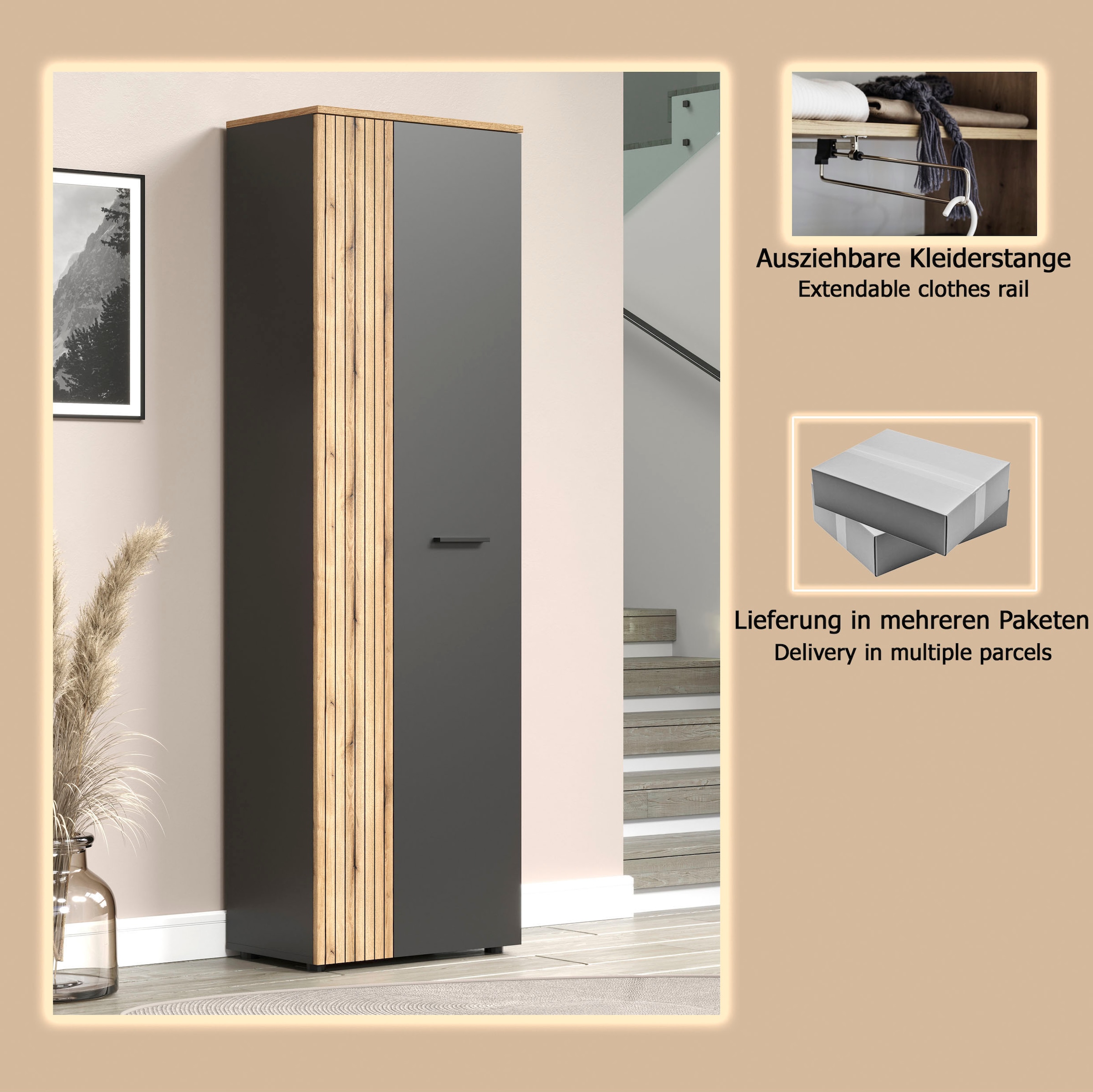 Home affaire Armoire vestiaire »Estepona« 1 cuis tlg. Flurschrank mit 2 Türen & 1 Kleiderstange – (B/T/H) 60/36/195 cm