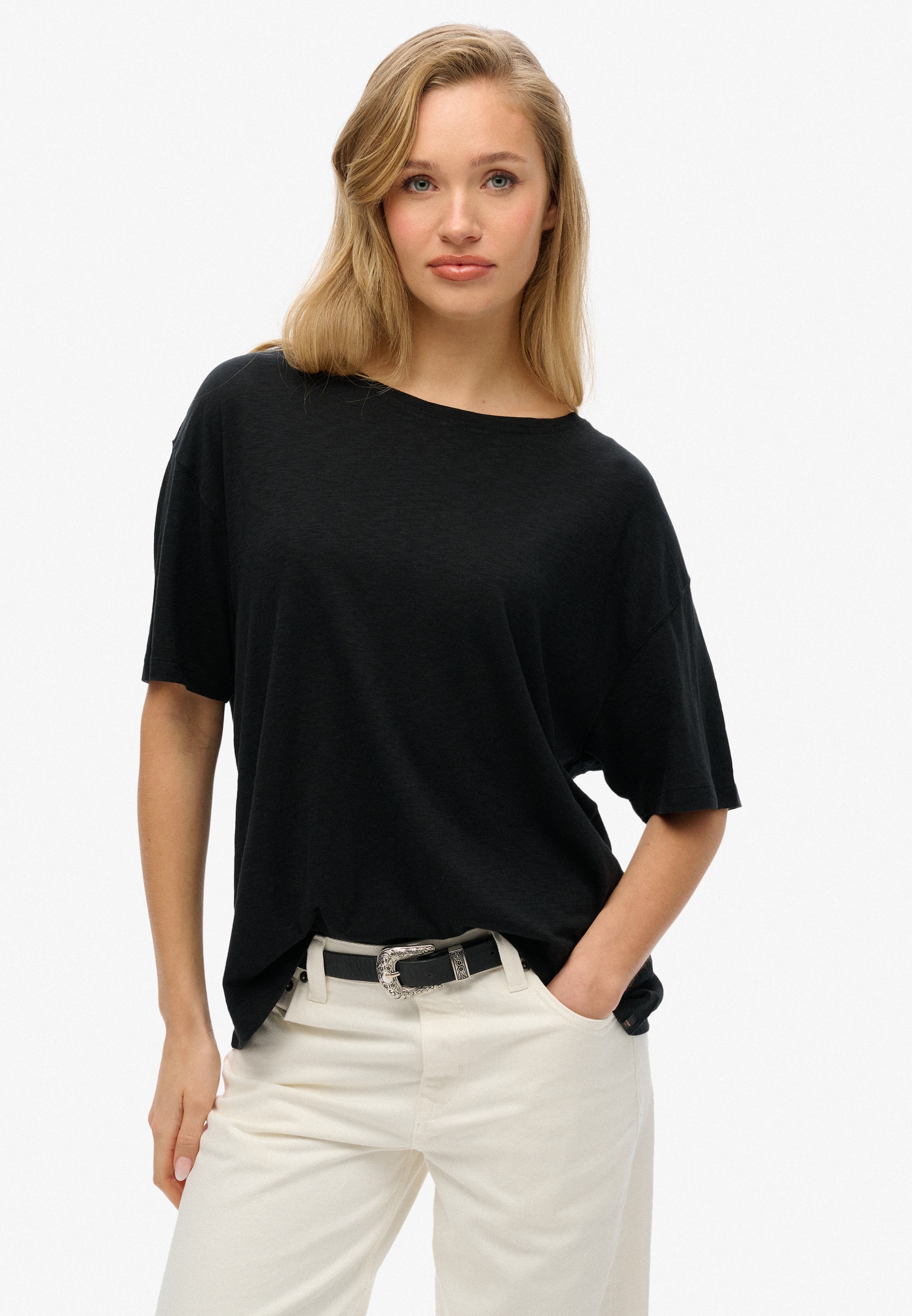 Image of Superdry T-Shirt "STUDIOS DROPPED SHOULDER TEE" aus Baumwollmischung, mit Markenlabel, Oversize-Passform, Kurzarm