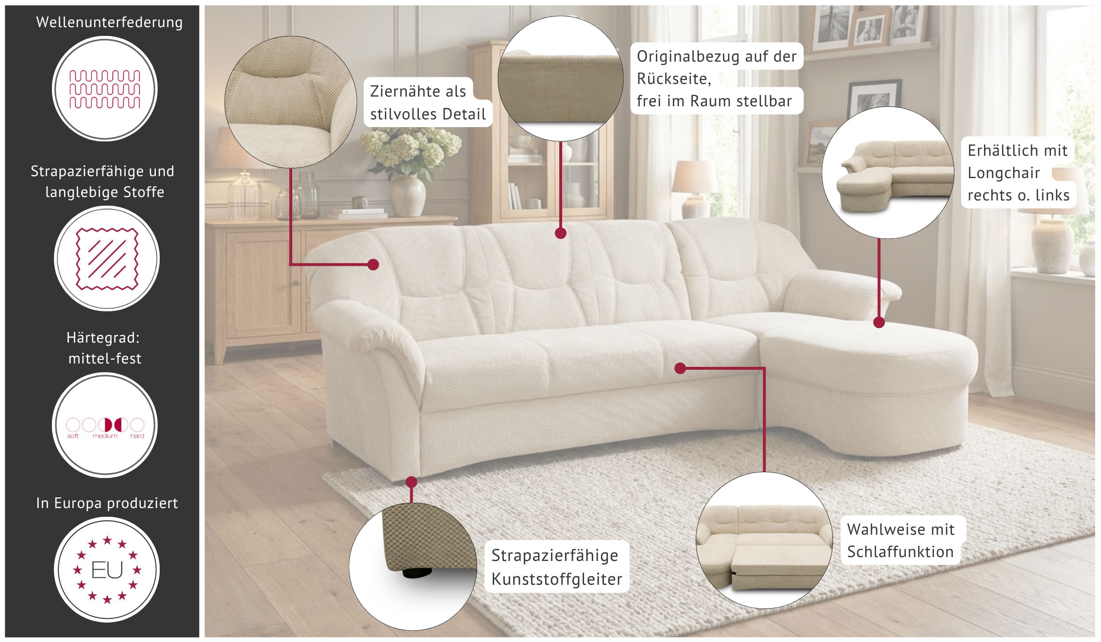 GOODproduct Ecksofa »Langelland 232 x 146 cm, auch mit Schlaffunktion, mittelfester Sitz« L-Form, mit Federkern, pflegeleichter, weicher Luxus-Microfaser
