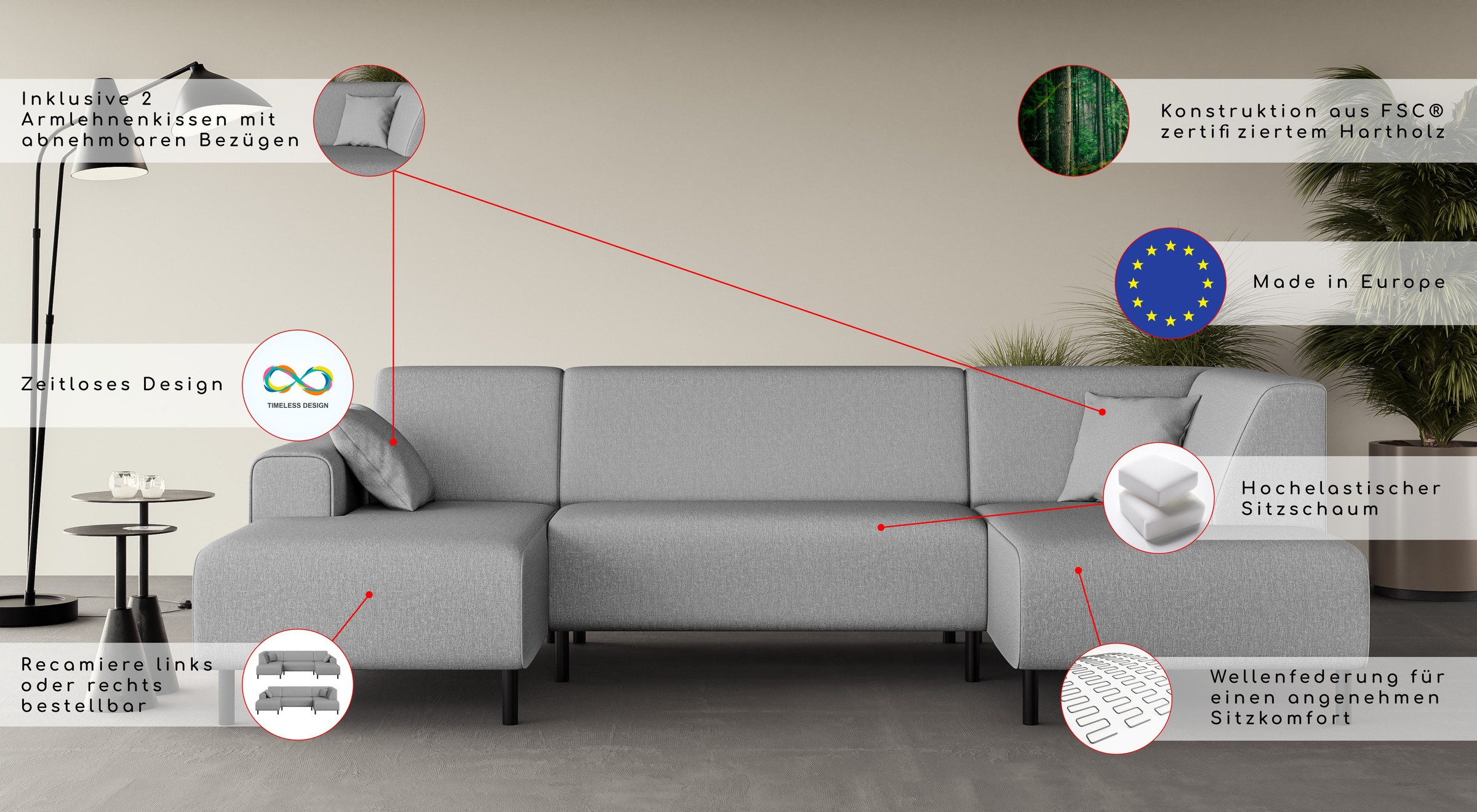 Home affaire Wohnlandschaft »ARROS U-Form mit Wellenunterfederung, Masse B/T/H: 300/163/81 cm«, incl. Zierkissen, mit Recamiere links/rechts bestellbar, auch in Cord