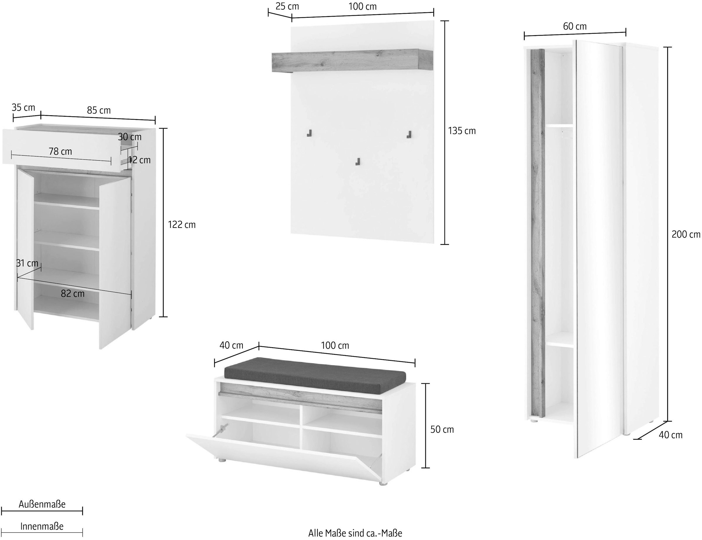 INOSIGN Garderoben-Set »City/Giron, moderne Garderobe, viel Stauraum, ca. 24 Schuhe« Set, 4 Stk. tlg.