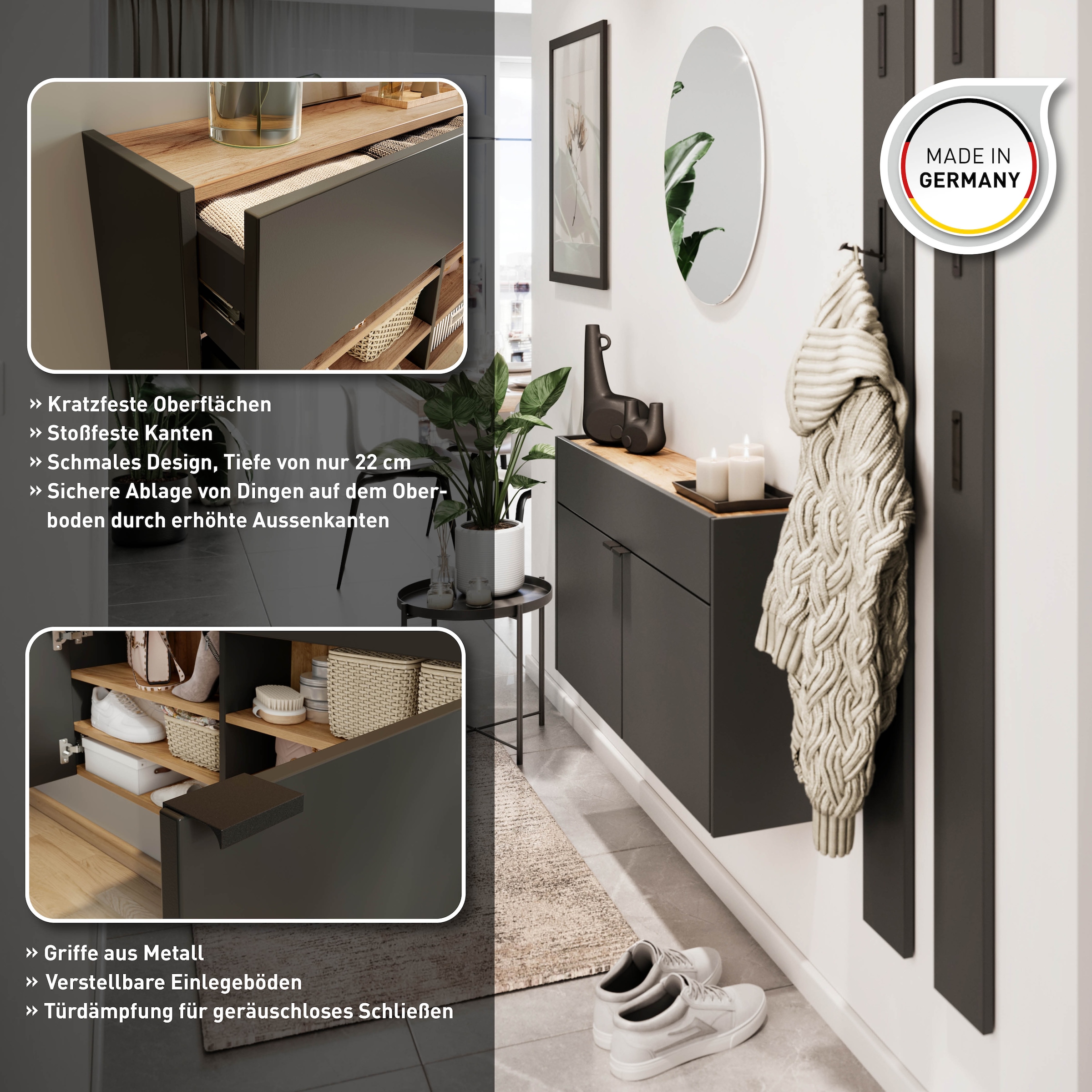 GERMANIA Garderoben-Set »Ameca«, (Set, 2 St.), Mehrzweckschrank und Spiegel, geringe Tiefe, ideal für schmale Flure