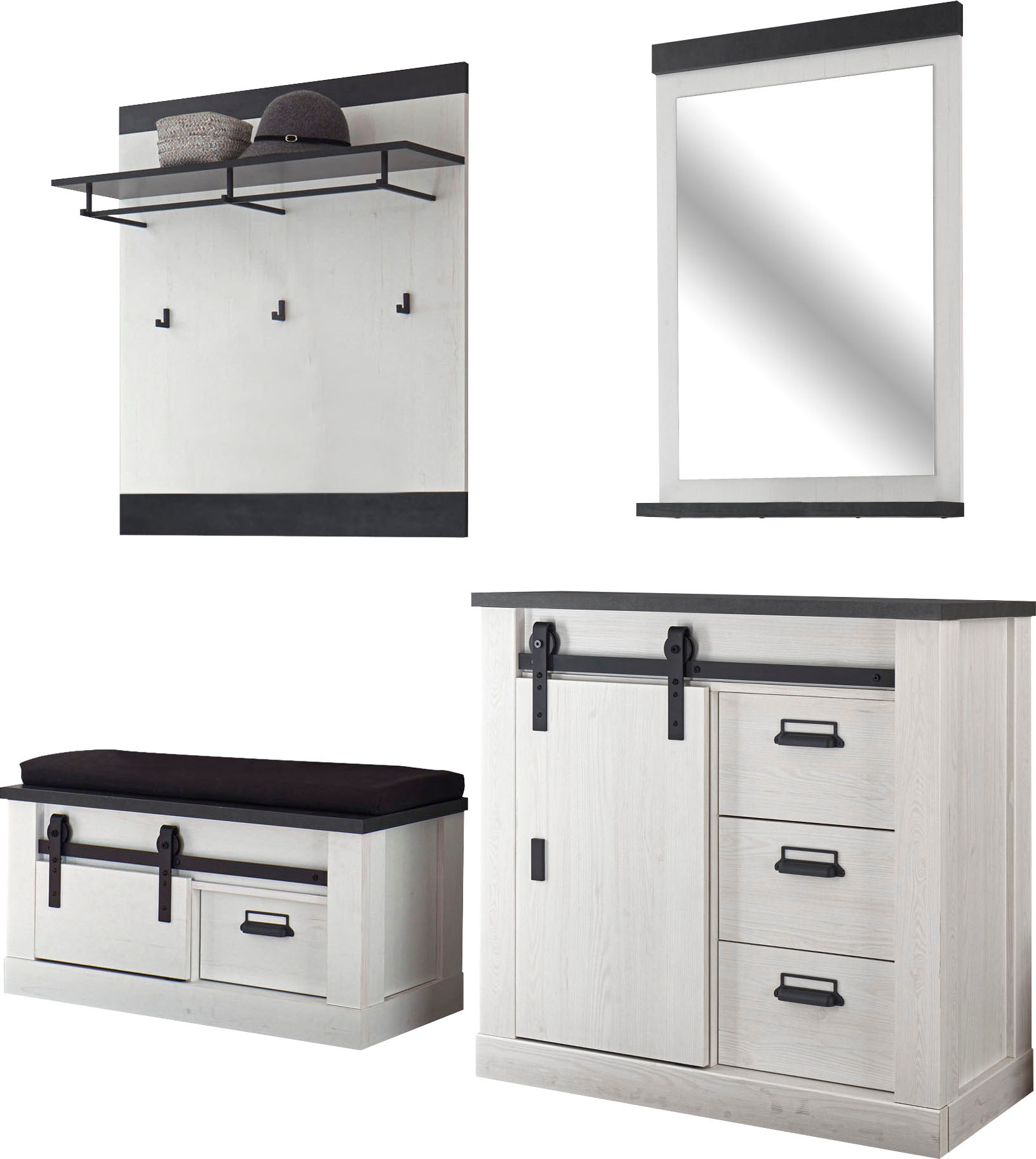 Image of Premium collection by Home affaire Garderoben-Set »SHERWOOD«, (4 St.), in modernem Holz Dekor, mit Scheunentorbeschlag und Apothekergriffen aus Metall, Breite ca. 206 cm bei Ackermann Versand Schweiz