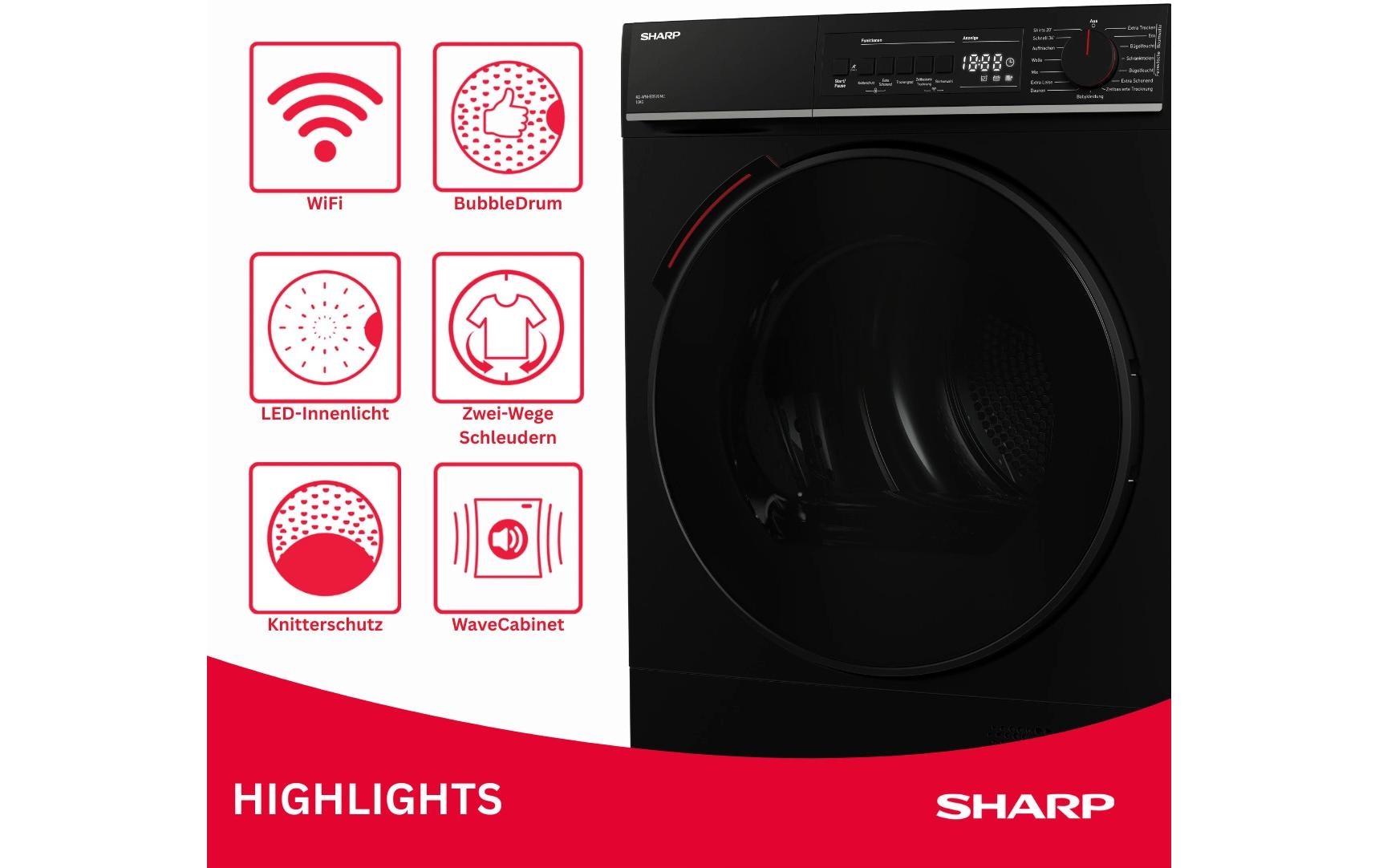 Sharp Lave-linge séchant »KD-WNHB0S9GMC« 64 dB(A) 10kg / +WIFI / EEKC / 2 Tasten / XXL-Tür voll-schwarz / Mat Black