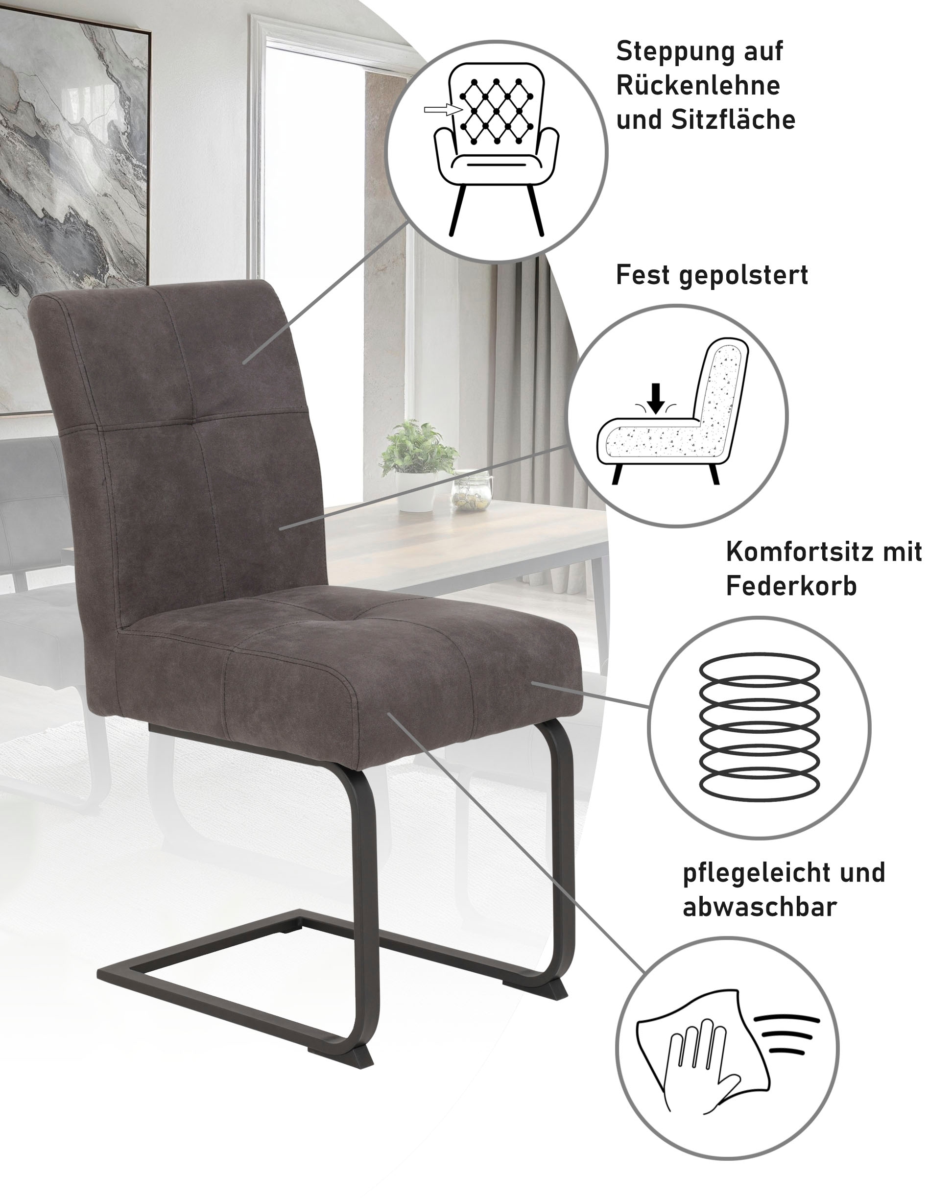 HELA Chaise de salle à manger »Luise S Schwingstuhl, Freischwinger, TOPSELLER! 2er-Set« (Set) 2 cuisSitz mit Federkern, Extra dicke Polsterung, Küchenstuhl, OTTOs Choice