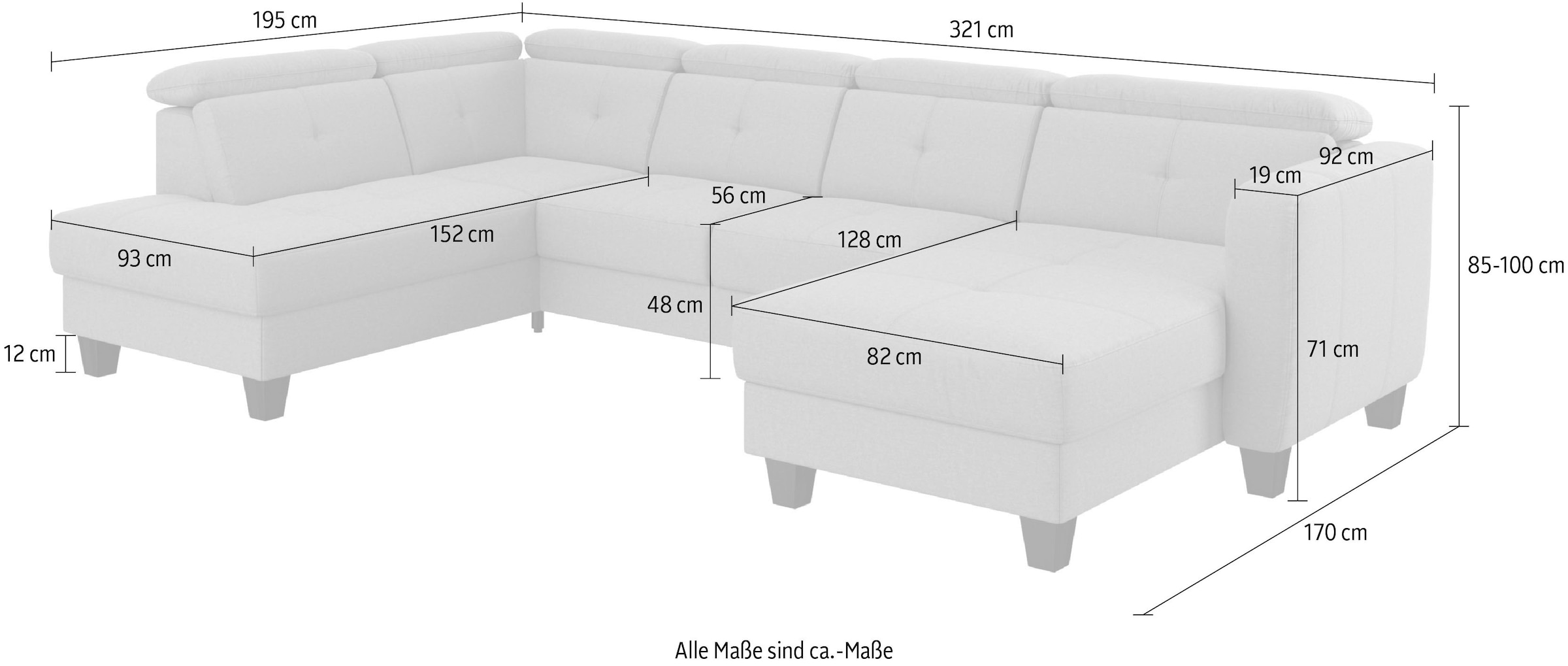 sit&more Paysage de salon »Belluci U-Form« Kopfteilverstellung und Federkern, wahlweise mit Bettfunktion