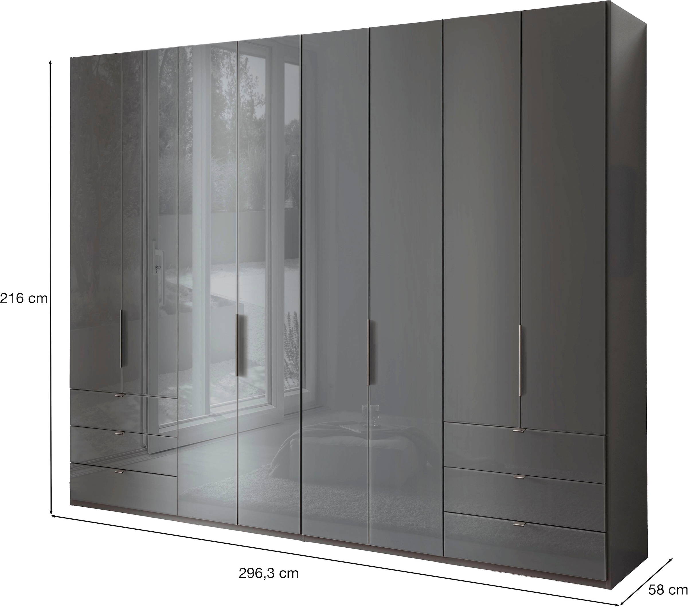 WIEMANN Armoire à portes pliantes »Ohio, Kleiderschrank, Schrank, Garderobe, mit Schubladen, 300 cm« inklusive Einlegeböden & Kleiderstangen, 2 Höhen, MADE IN GERMANY,  inklusive Tür und Schubkastendämpfung, hochwertige Glasfront