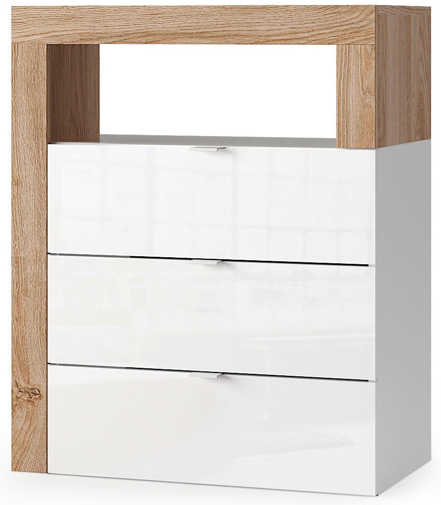 Image of welltime Unterschrank "Hamburg Höhe 78 cm, Breite 64 cm, Badkommode mit 3 Schübkästen," Badezimmerschrank, dekorativer Rahmen, offenes Fach, Metallgriffe