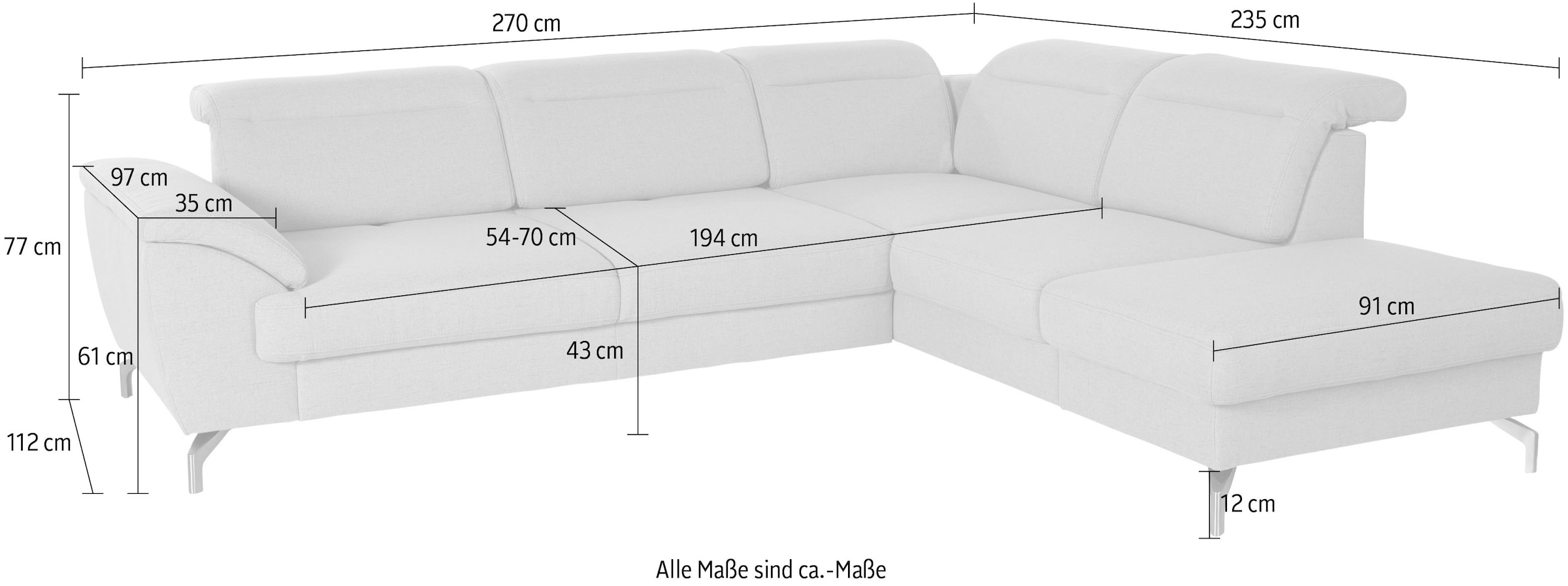 sit&more Ecksofa »Percy L-Form« 12 cm Fusshöhe, Sitztiefenverstellung, wahlweise in 2 Fussfarben