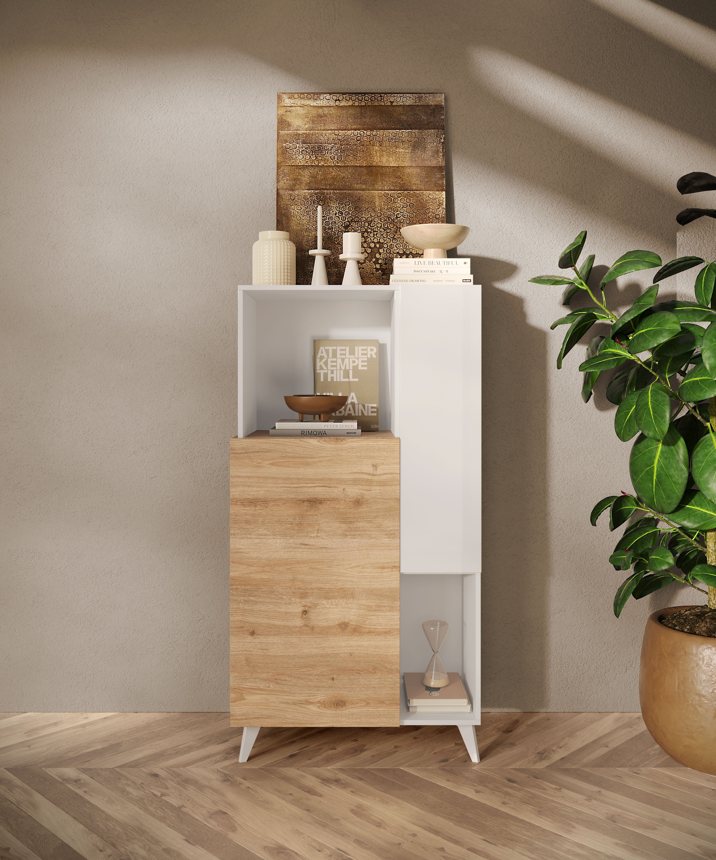Home affaire Buffet haut »Monaco Höhe 154 cm, Stauraumschrank mit 2 Türen (4 Fächer) und 2 offen« Hohe, schmale Kommode – sanftes Schliessen, edles Design, viel Platz