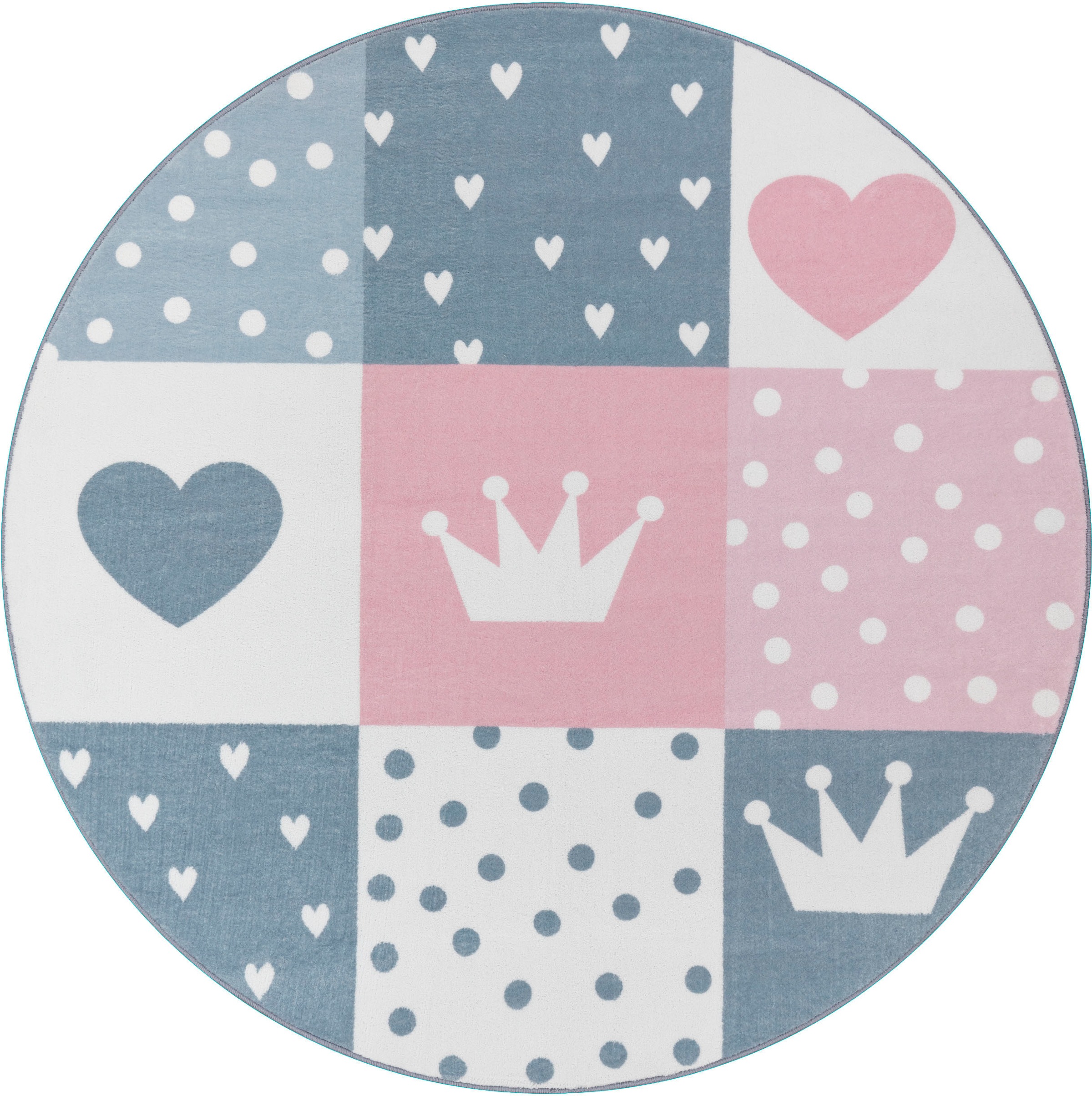 Paco Home Tapis pour enfants »Eliz 391« Rond 12 mm Höhe Tapis à poils ras, tapis de jeu, motif patchwork, couronne, cœur & points